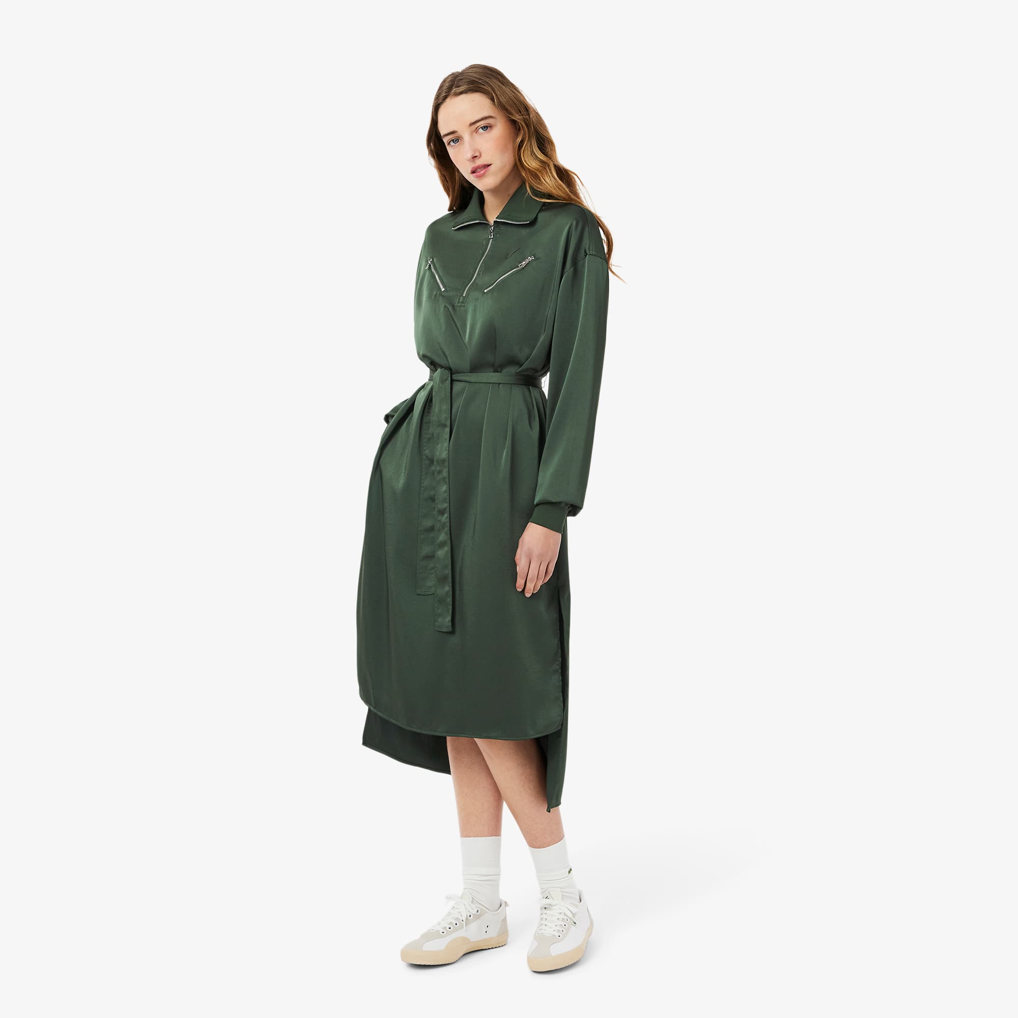Women's Long Sleeve Belted Dress - Khaki Green
