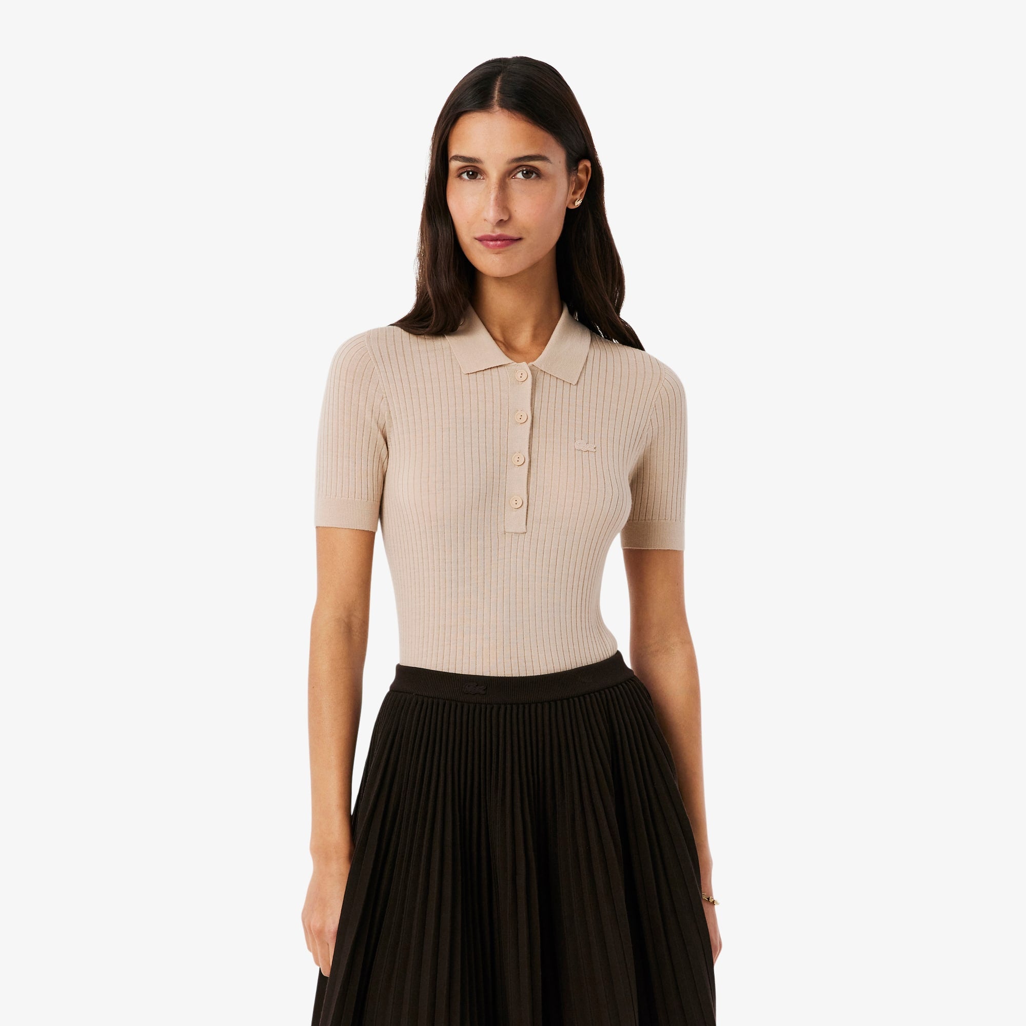 3D Rib Knit Polo Collar Merino Wool Sweater - Beige