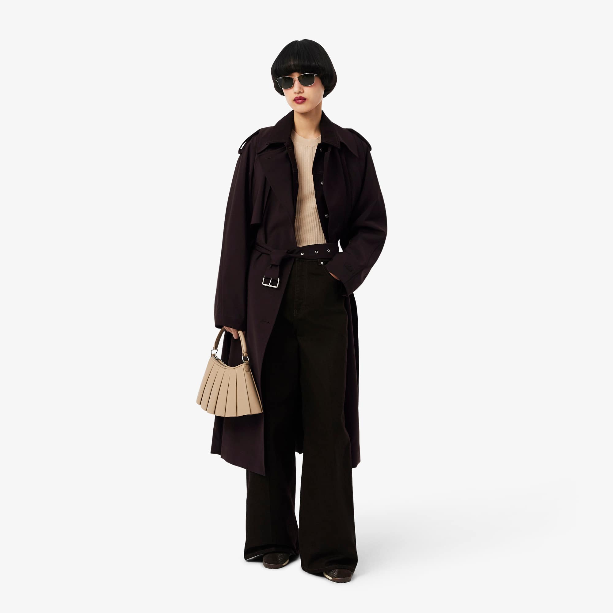Oversized Wool Blend Trench Coat - Brown