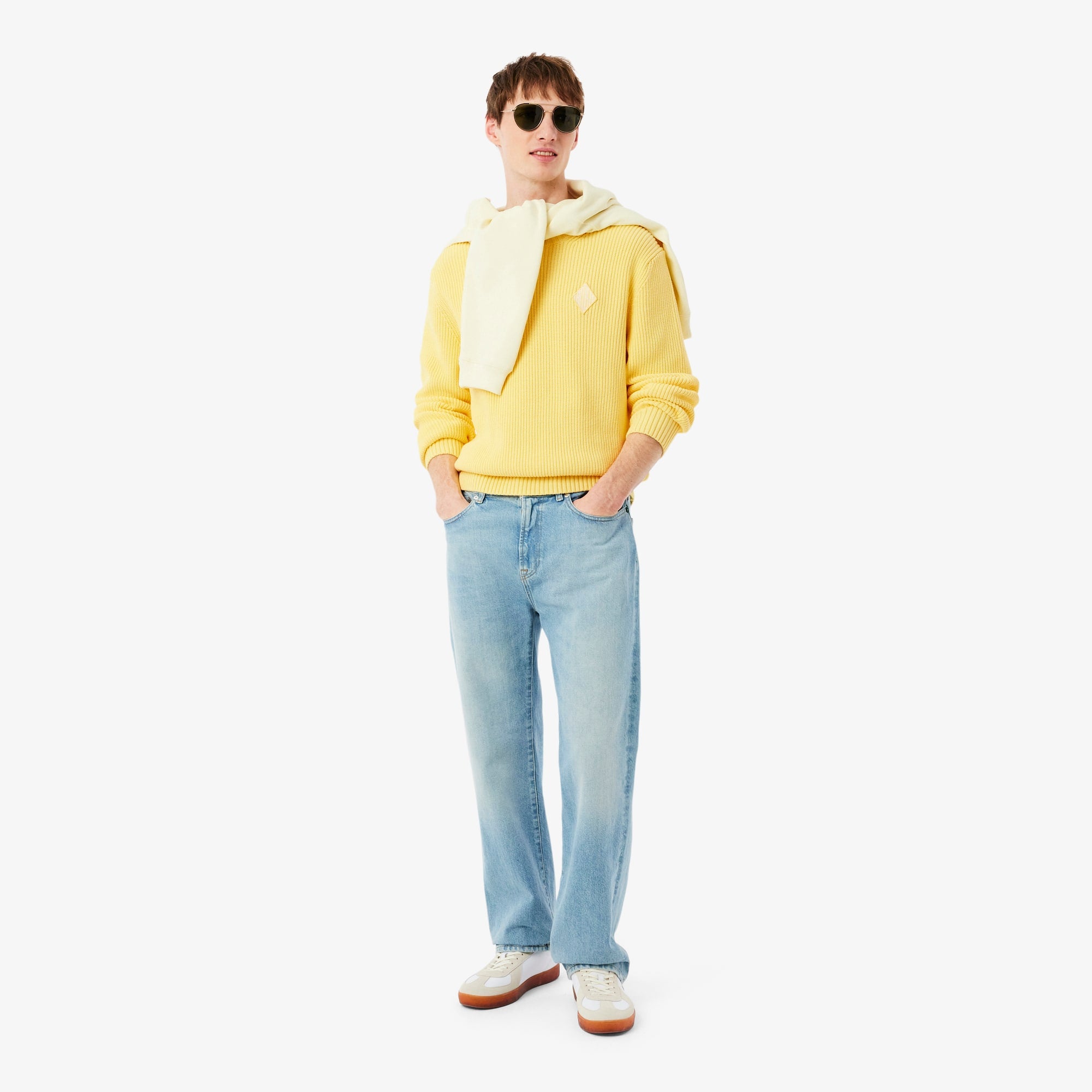 Pearl Rib Knit Badge Accent Sweater - Pastel yellow