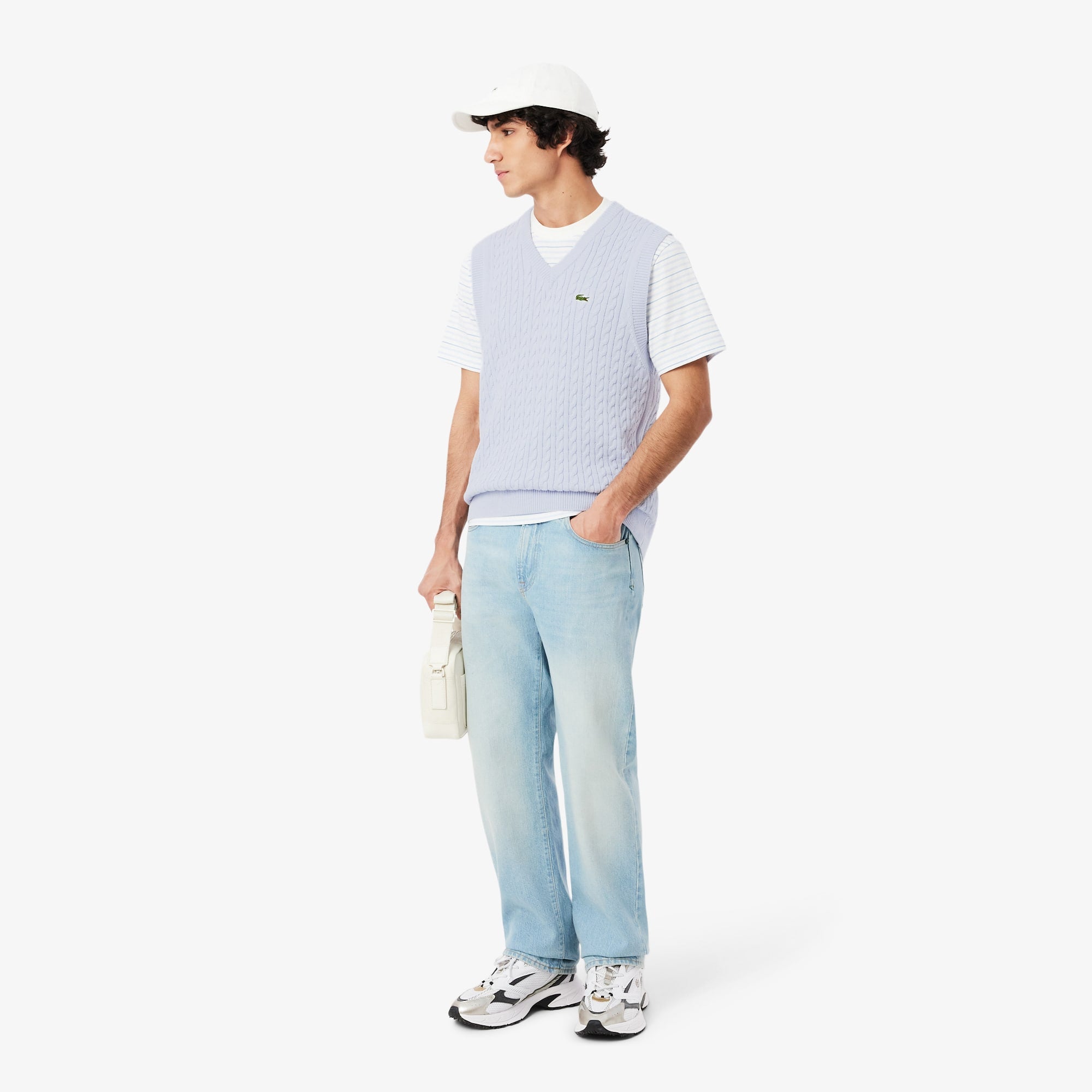Men's Cable Knit Cotton Sweater Vest - Light Blue / White