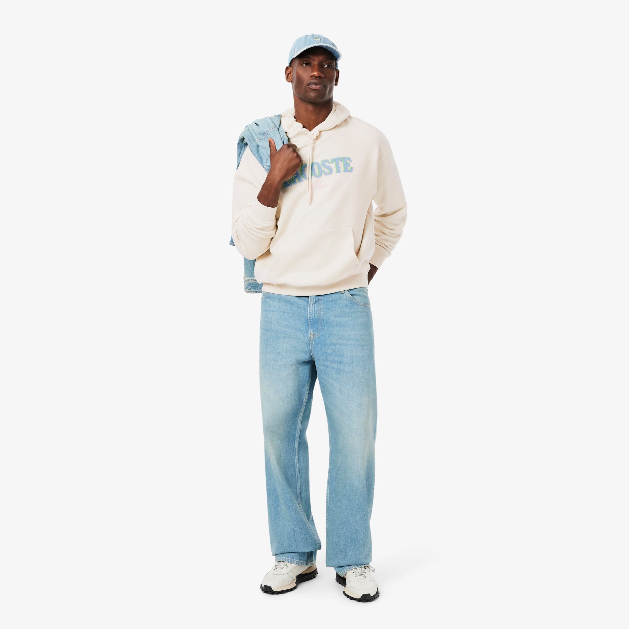 Men's Loose Fit Embroidered Hoodie - Cream
