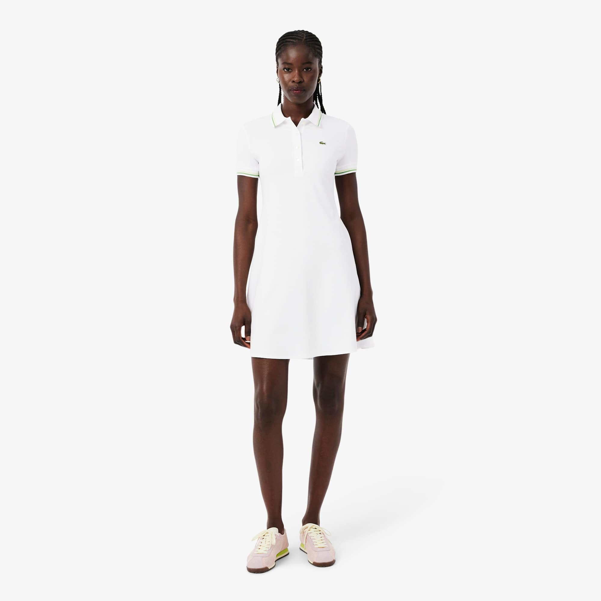 Women's Stretch Polo Collar Skater Dress - Blanc / Vert