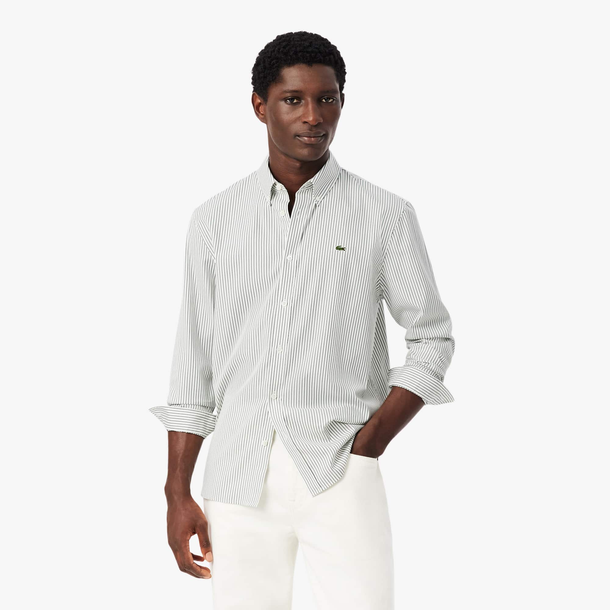 Men's Regular Fit Striped Pinpoint Shirt - White / Green
