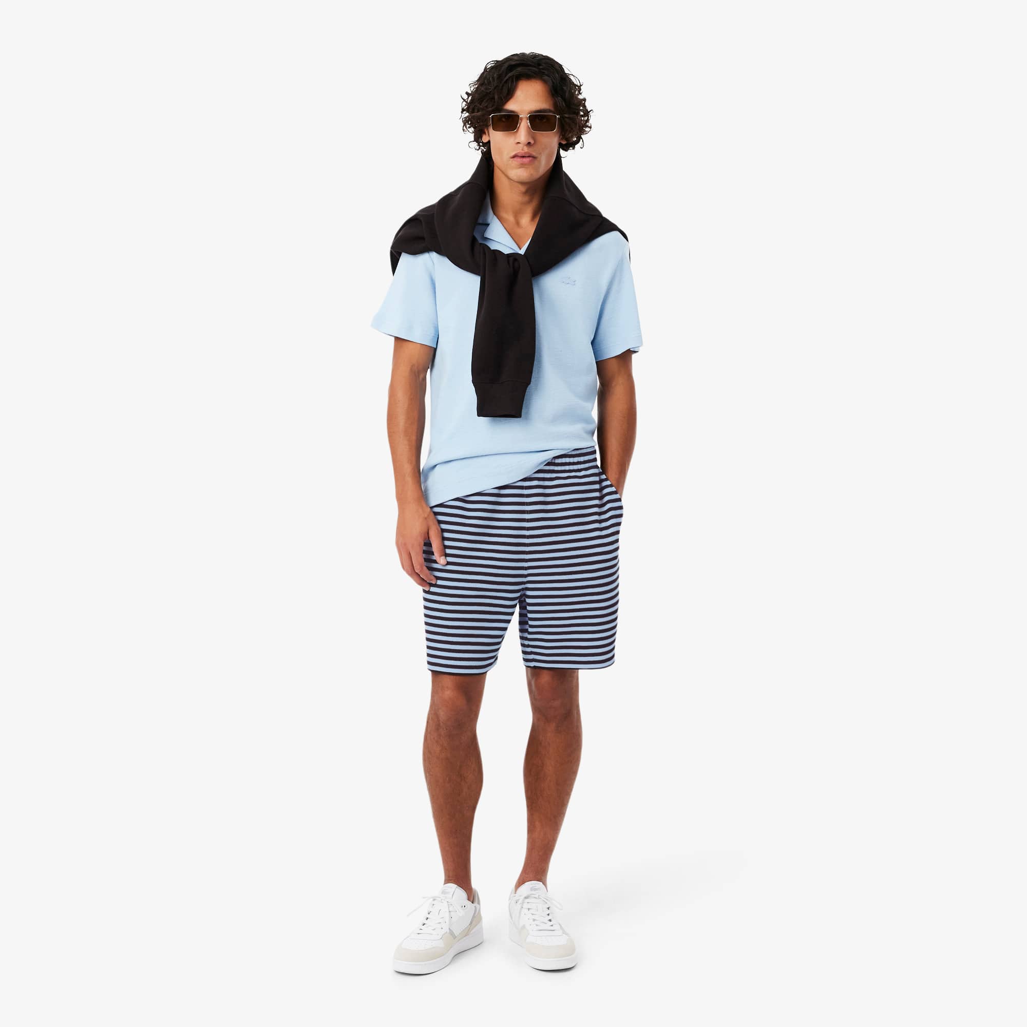 Regular Fit Striped Cotton Shorts - Bleu Clair / Marron