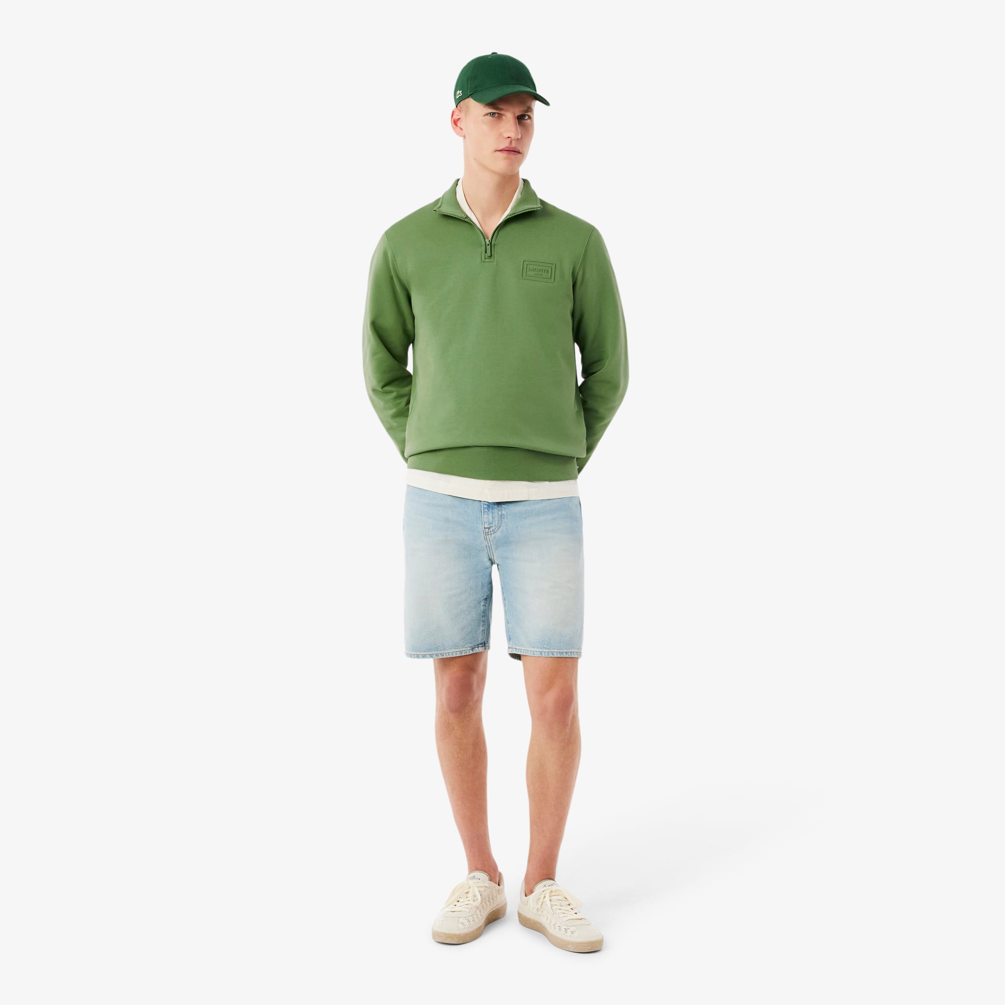 High Neck Embossed Zipped Sweatshirt - Green