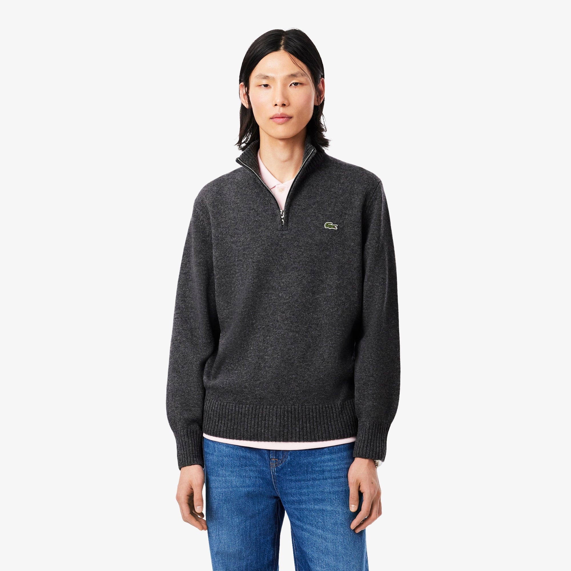 Men's Zip-Up High-Neck Wool Sweater - Grey pitch