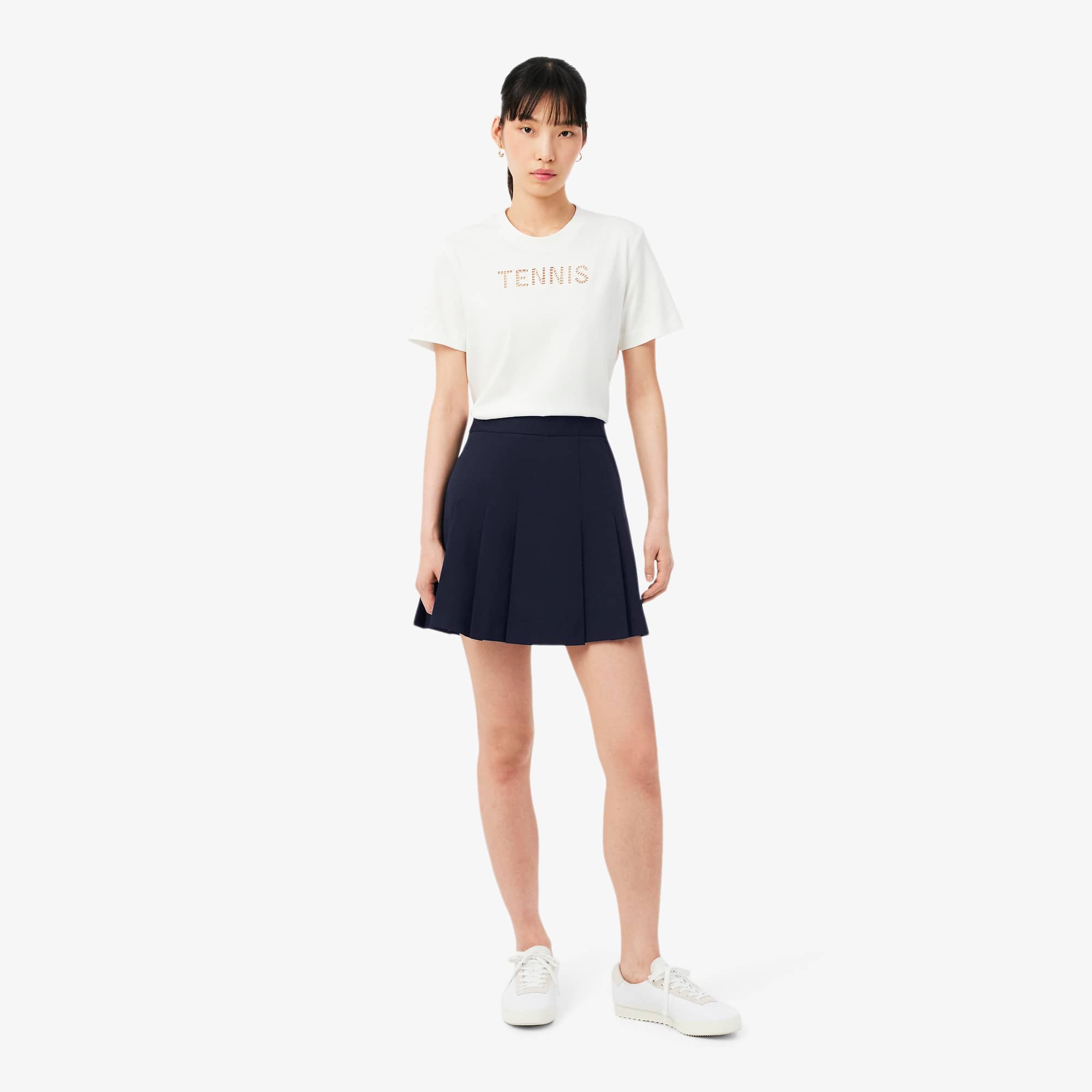 Women's Short Stretch Cotton Pleated Skirt - Navy Blue