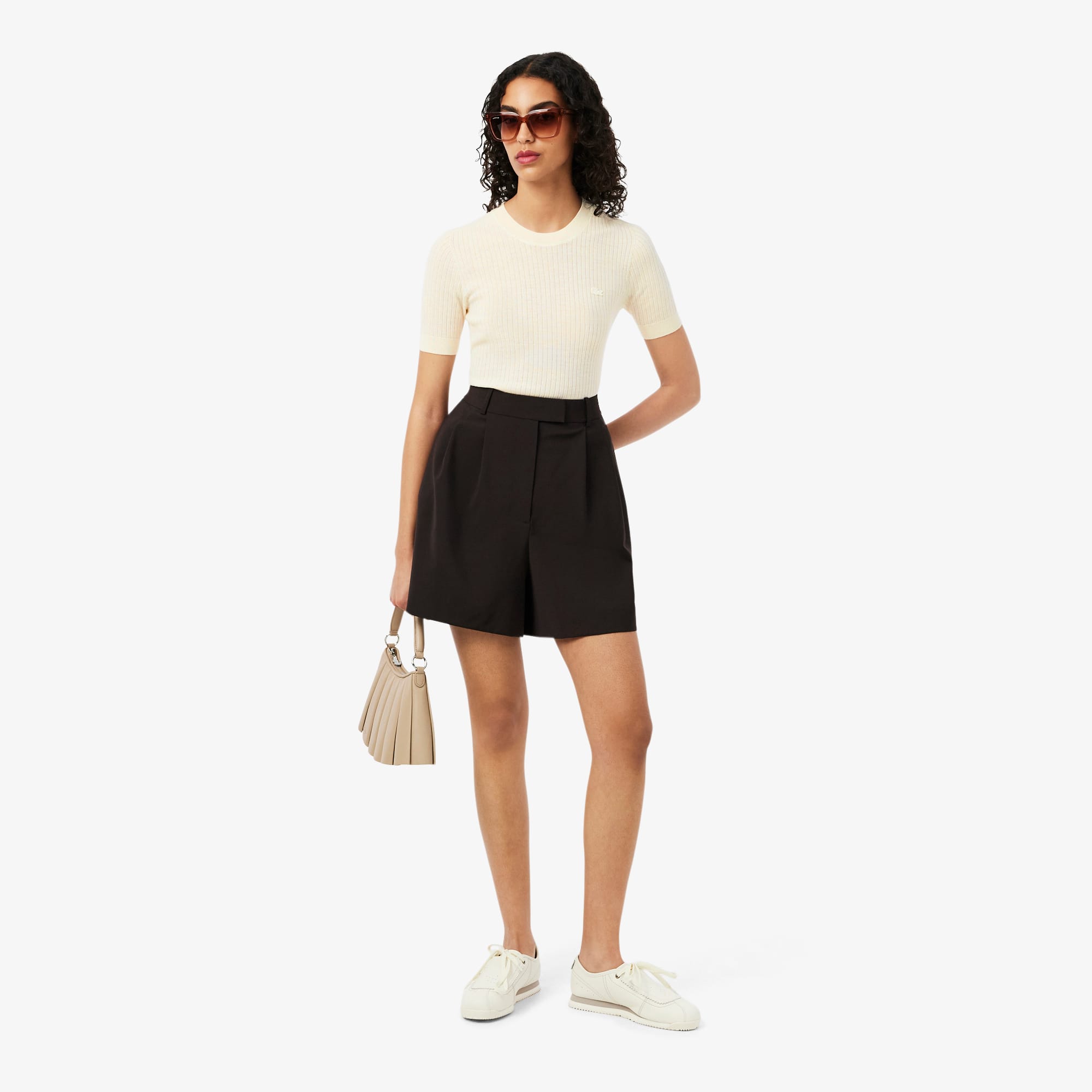 Women's Short Sleeve Merino Wool Rib Knit Sweater - White