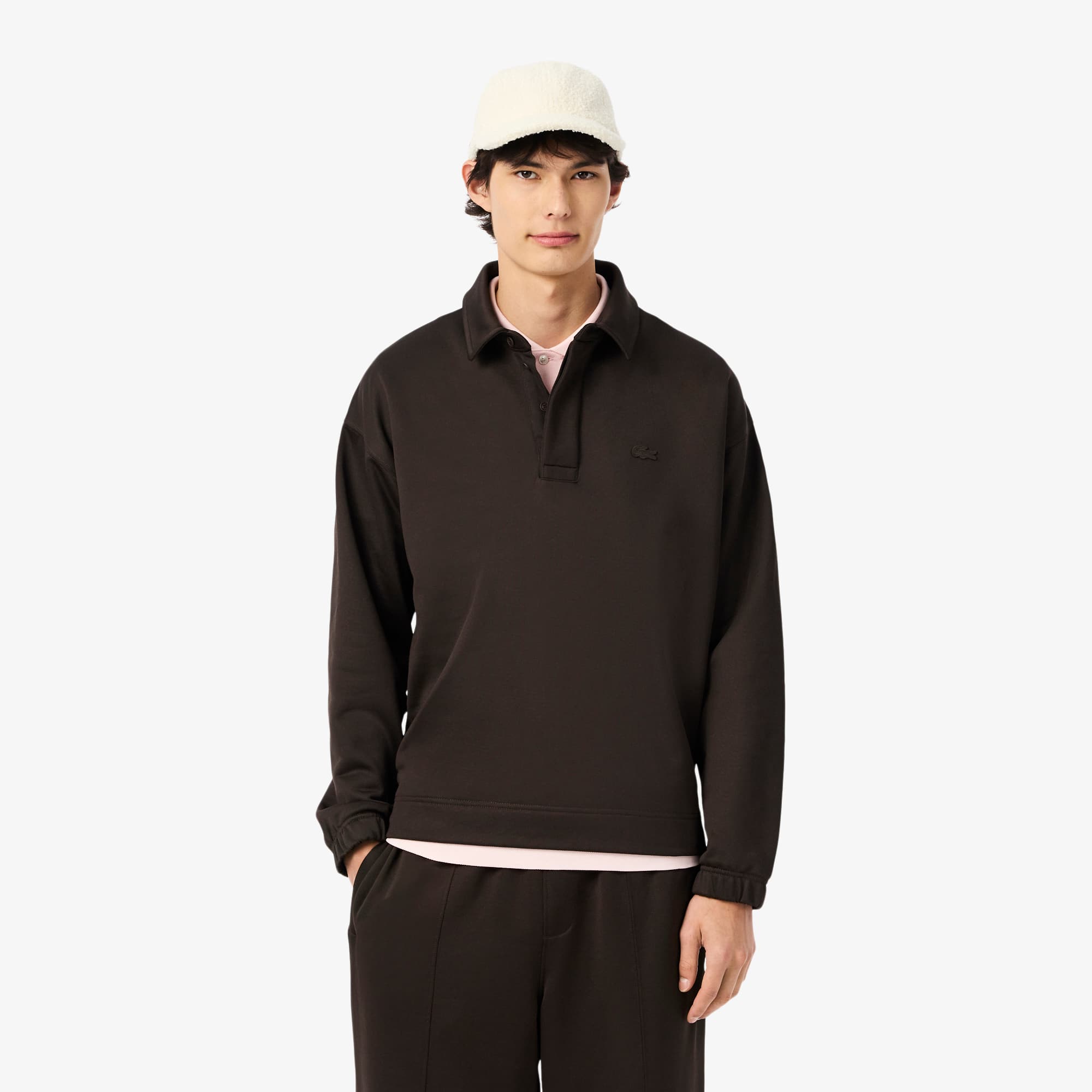 Men's Loose Fit Fleece Polo Sweatshirt - Brown