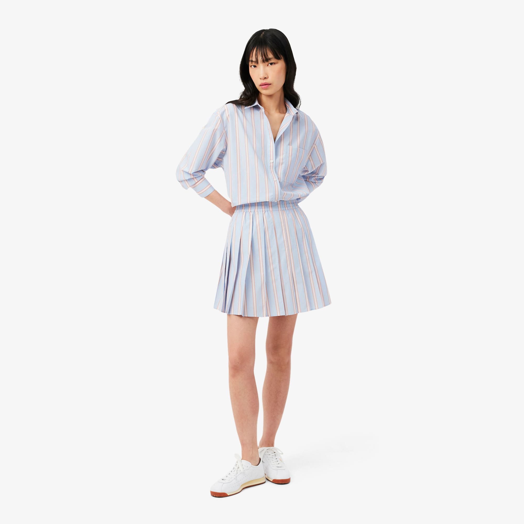 Poplin Short Striped Pleated Skirt - Bleu Clair / Rose / Blanc / Noir