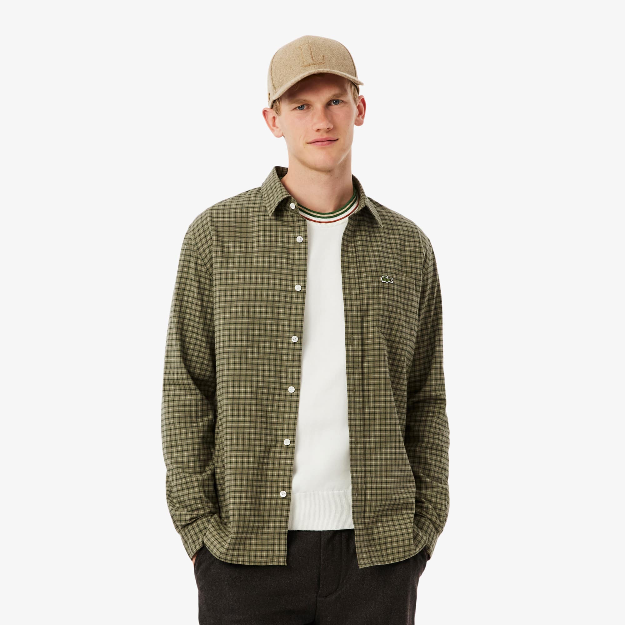 Men's Regular Fit Plaid Flannel Shirt - Khaki Green / Green
