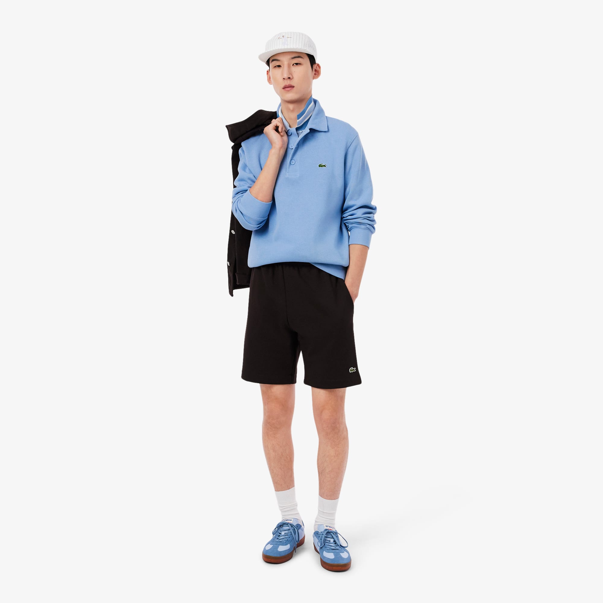 Men's Ribbed Cotton Polo Collar Sweatshirt - Light Blue