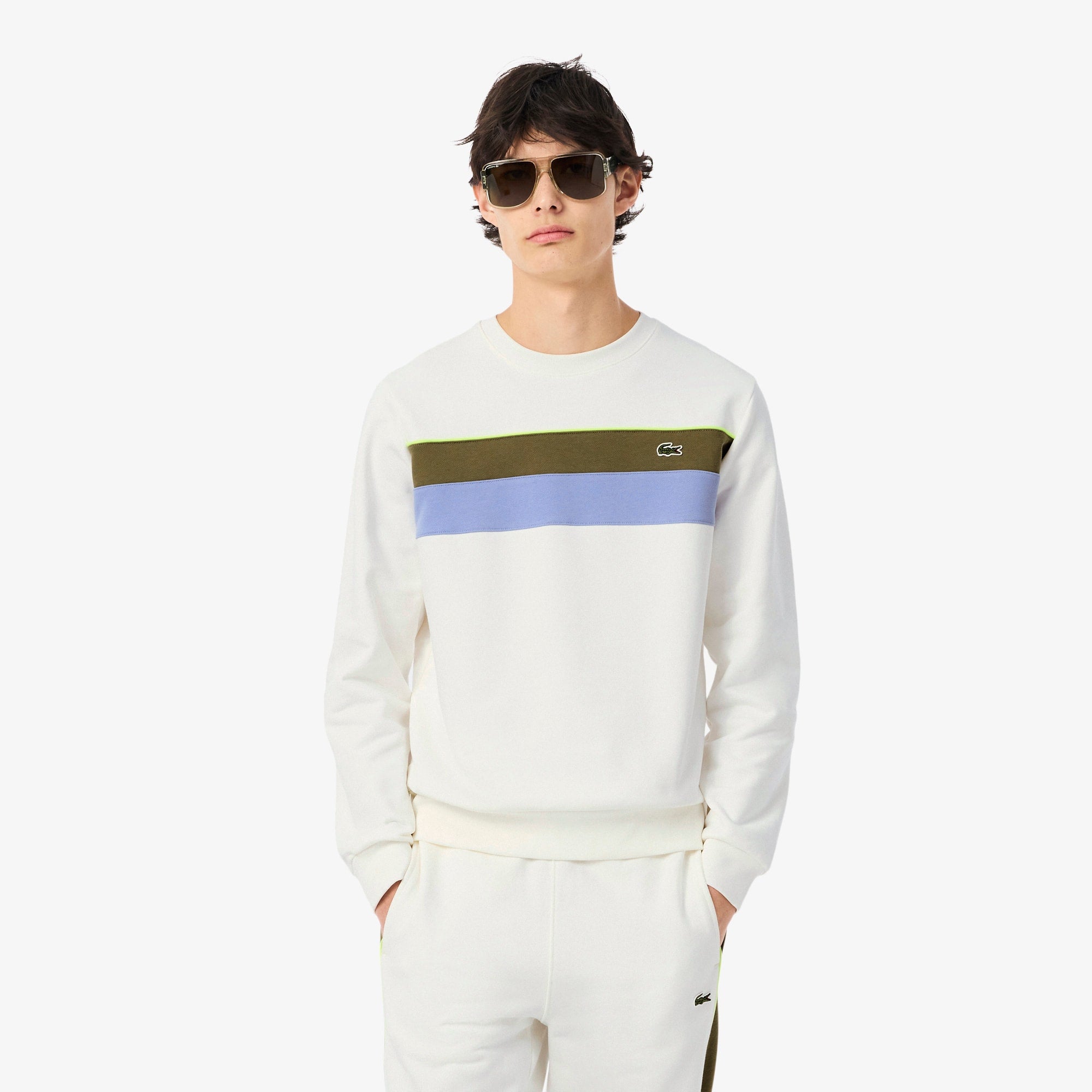 Men's Colorblock Fleece Sweatshirt - White / Khaki Green / Purple