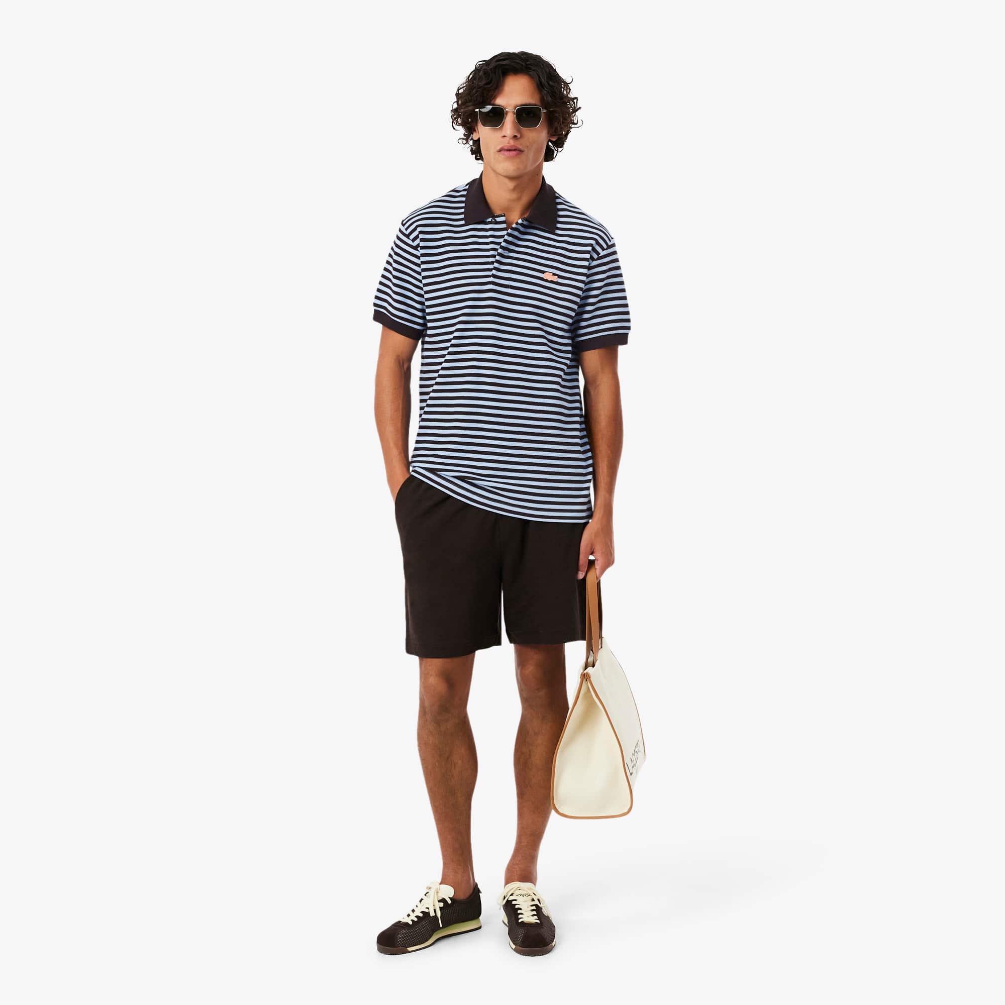 Classic Fit Textured Striped Polo - Bleu Clair / Marron