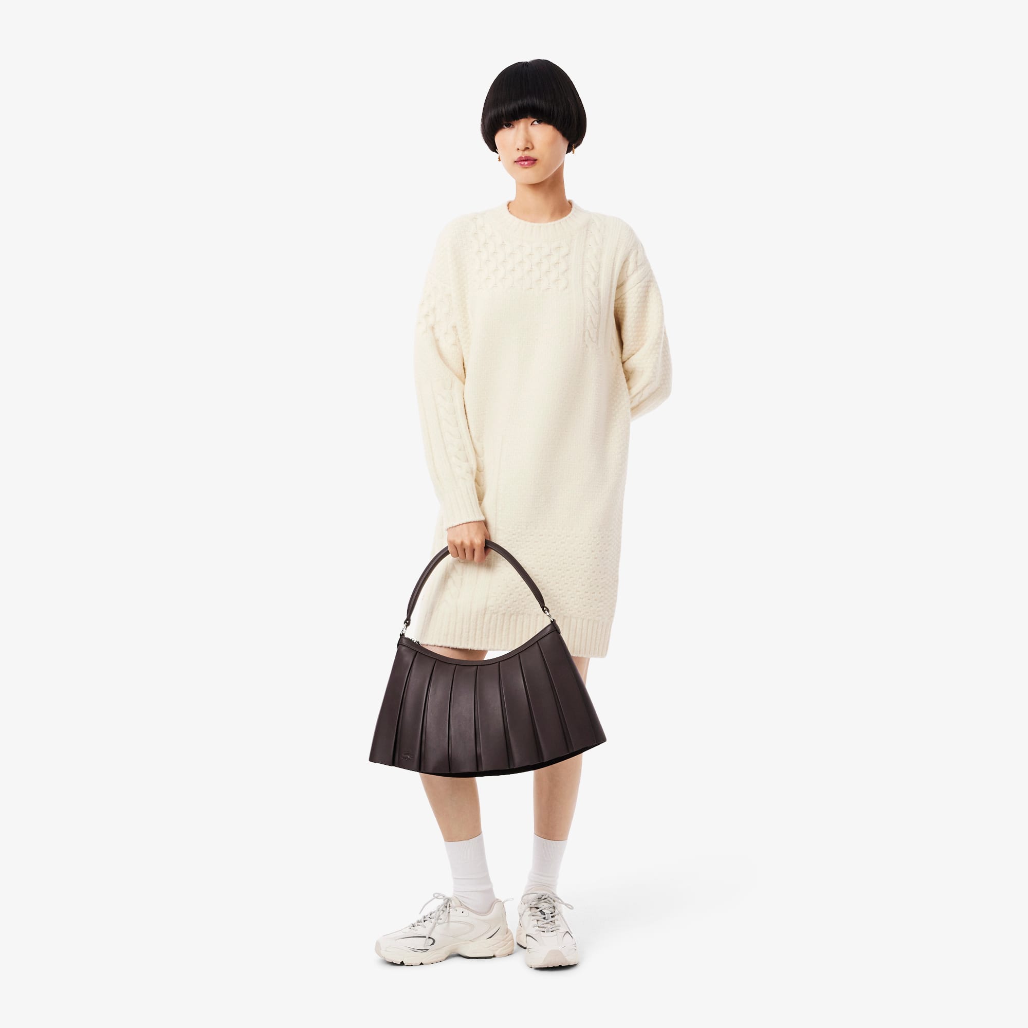 Women's Patchwork Effect Wool Sweater Dress - Cream