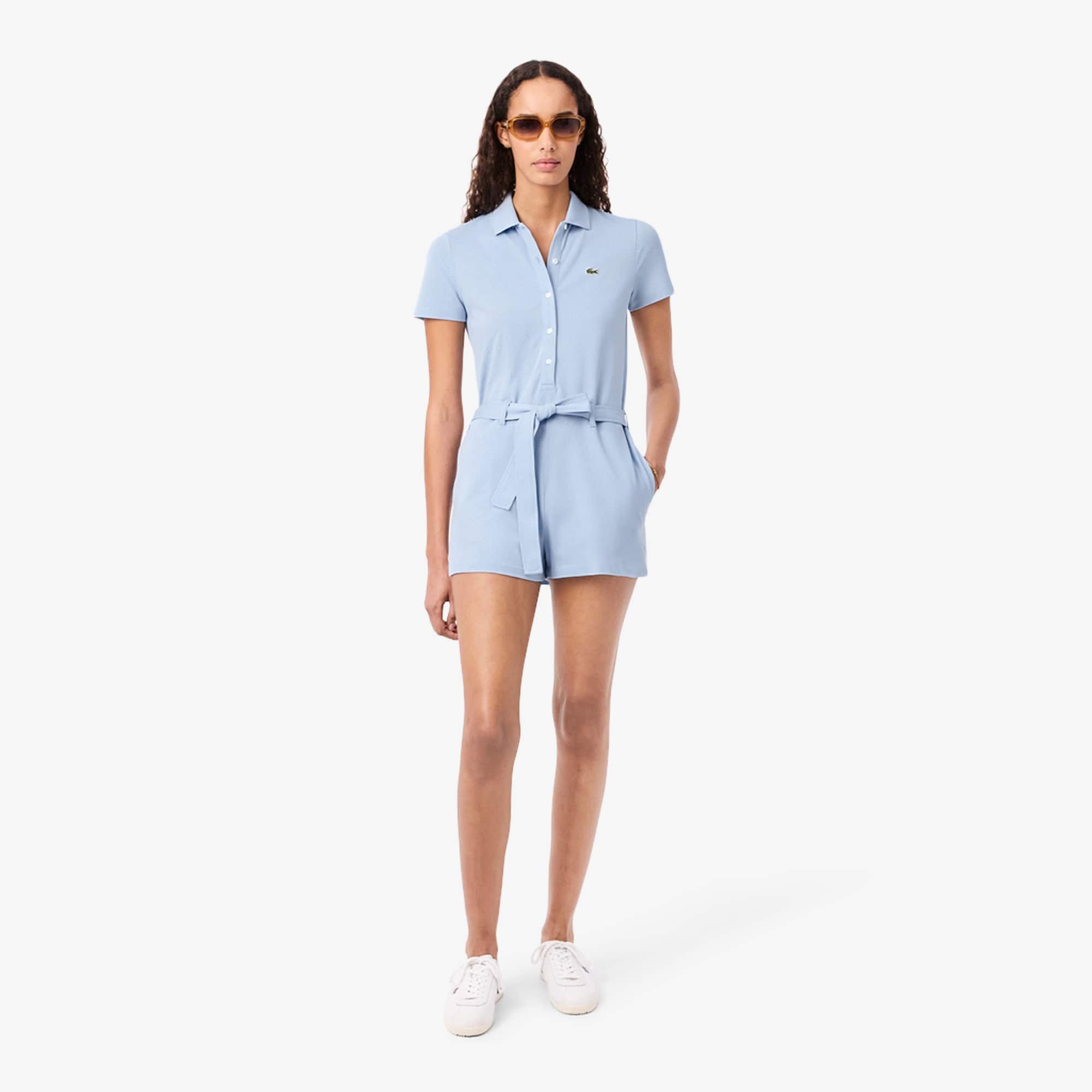 Stretch Piqué Polo Collar Romper - Light Blue