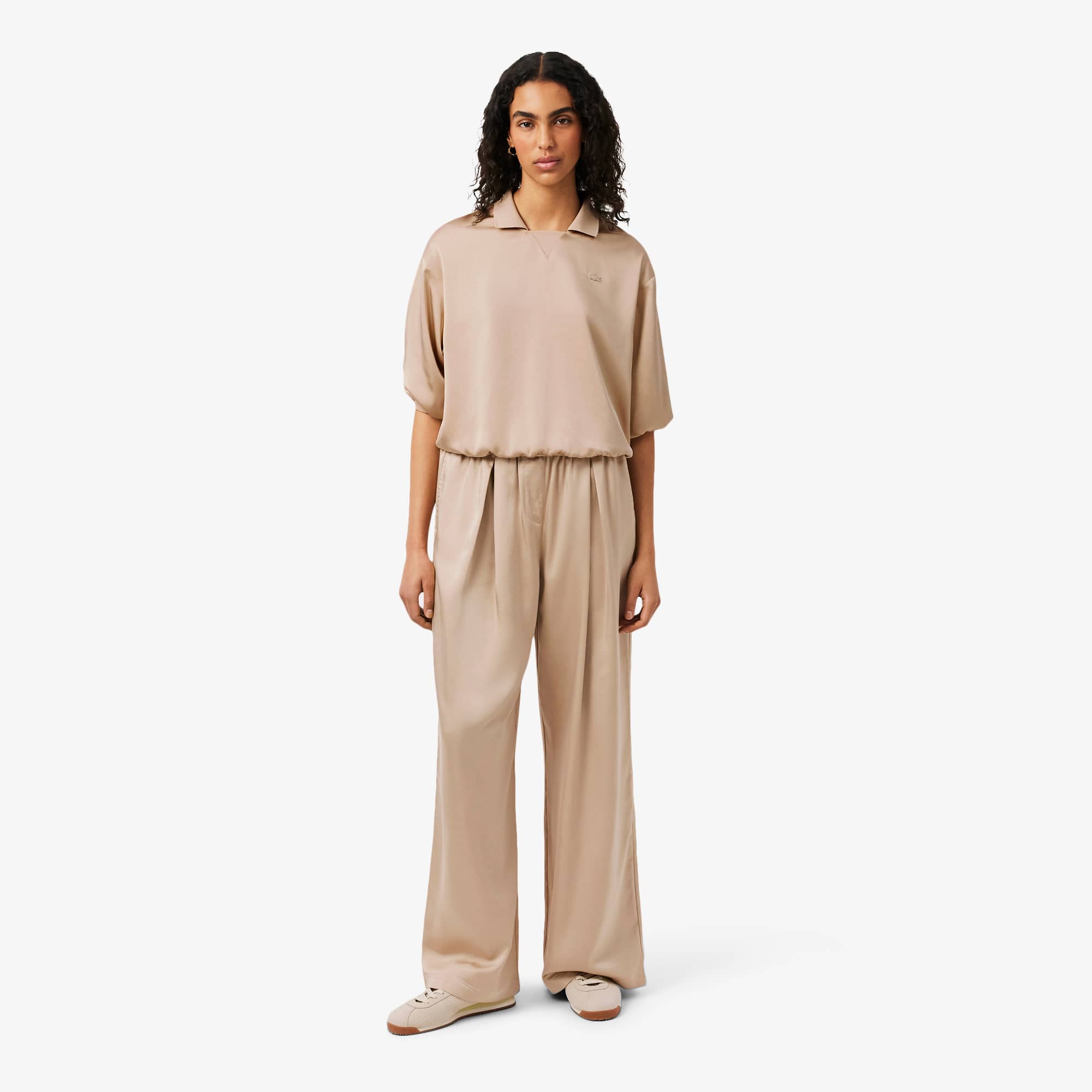 Oversized Elasticated Satin Pants - Beige