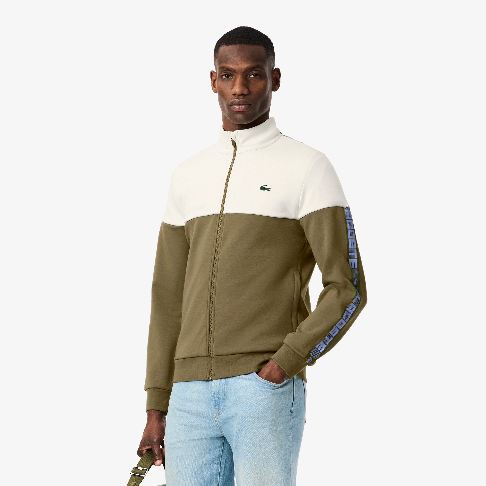 Men's Tennis Zip-Up Colorblock Sweatshirt - Khaki Green / White