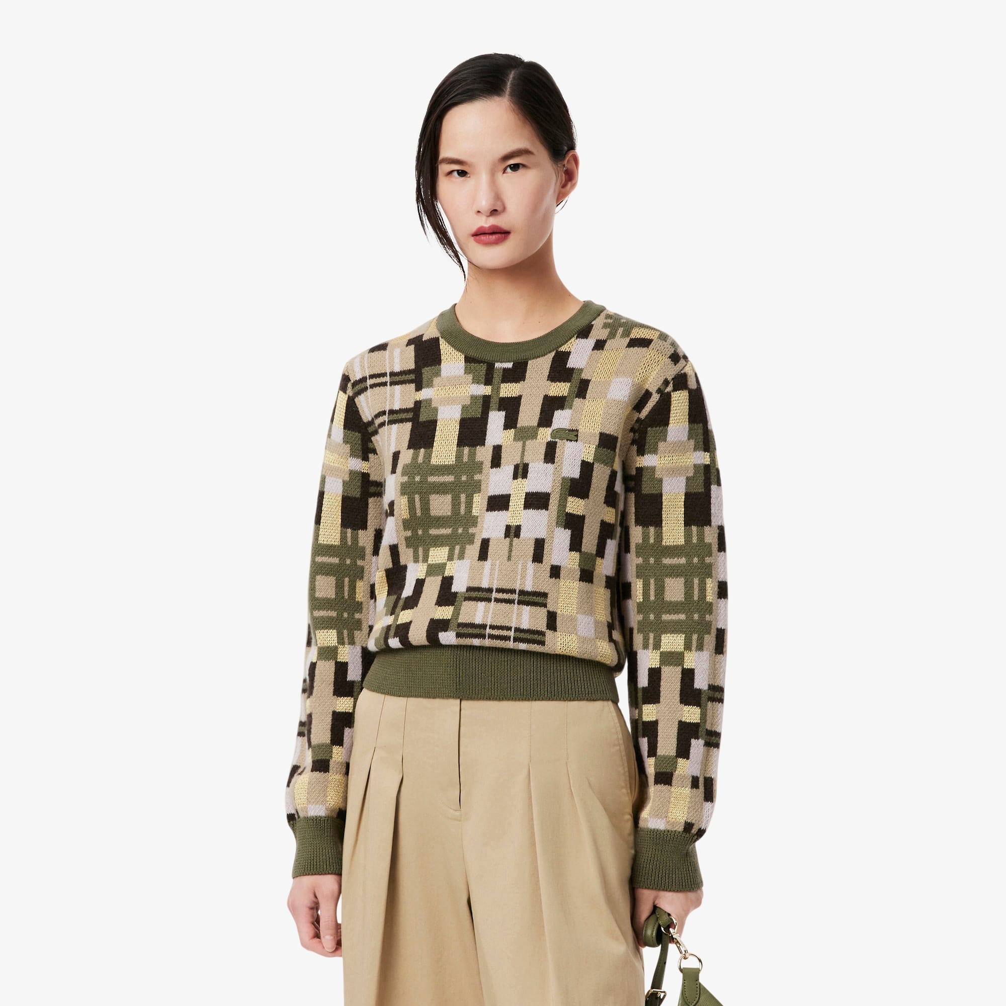 Women's Crew Neck Wool Graphic Sweater - Khaki Green / Beige / Light Pink / Brown / Yellow