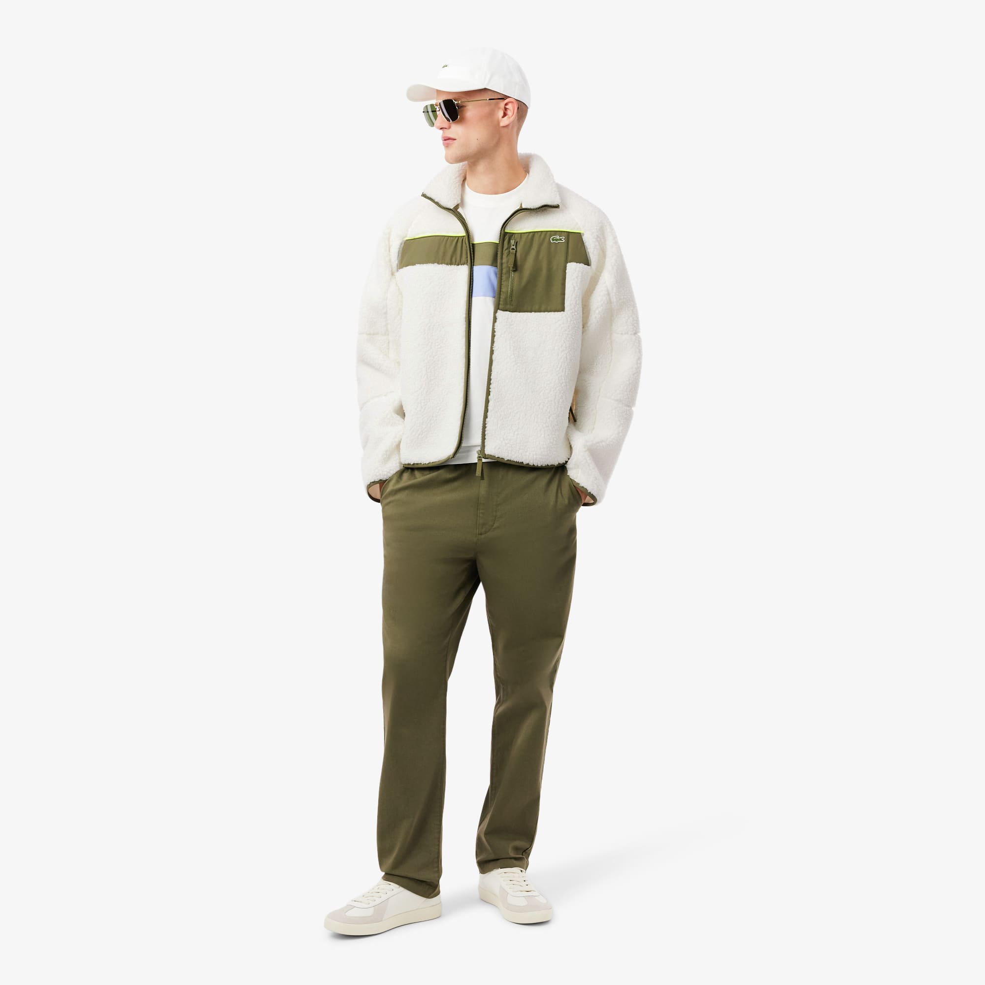 Men's Colorblock Sherpa Fleece Jacket - White / Khaki Green