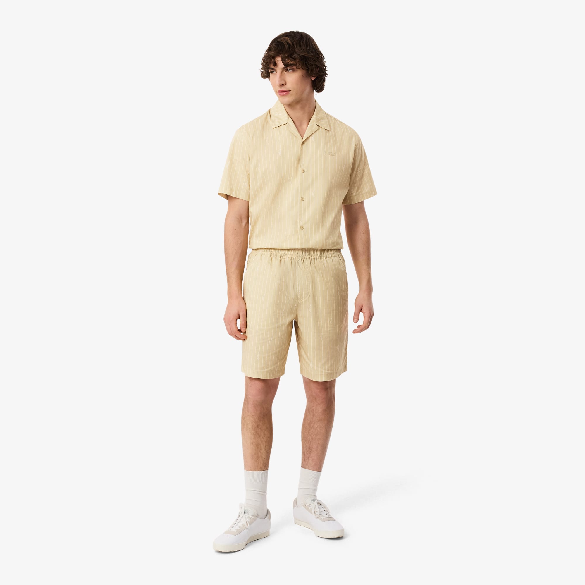 Print Stripe Cotton Shorts - Beige / Blanc
