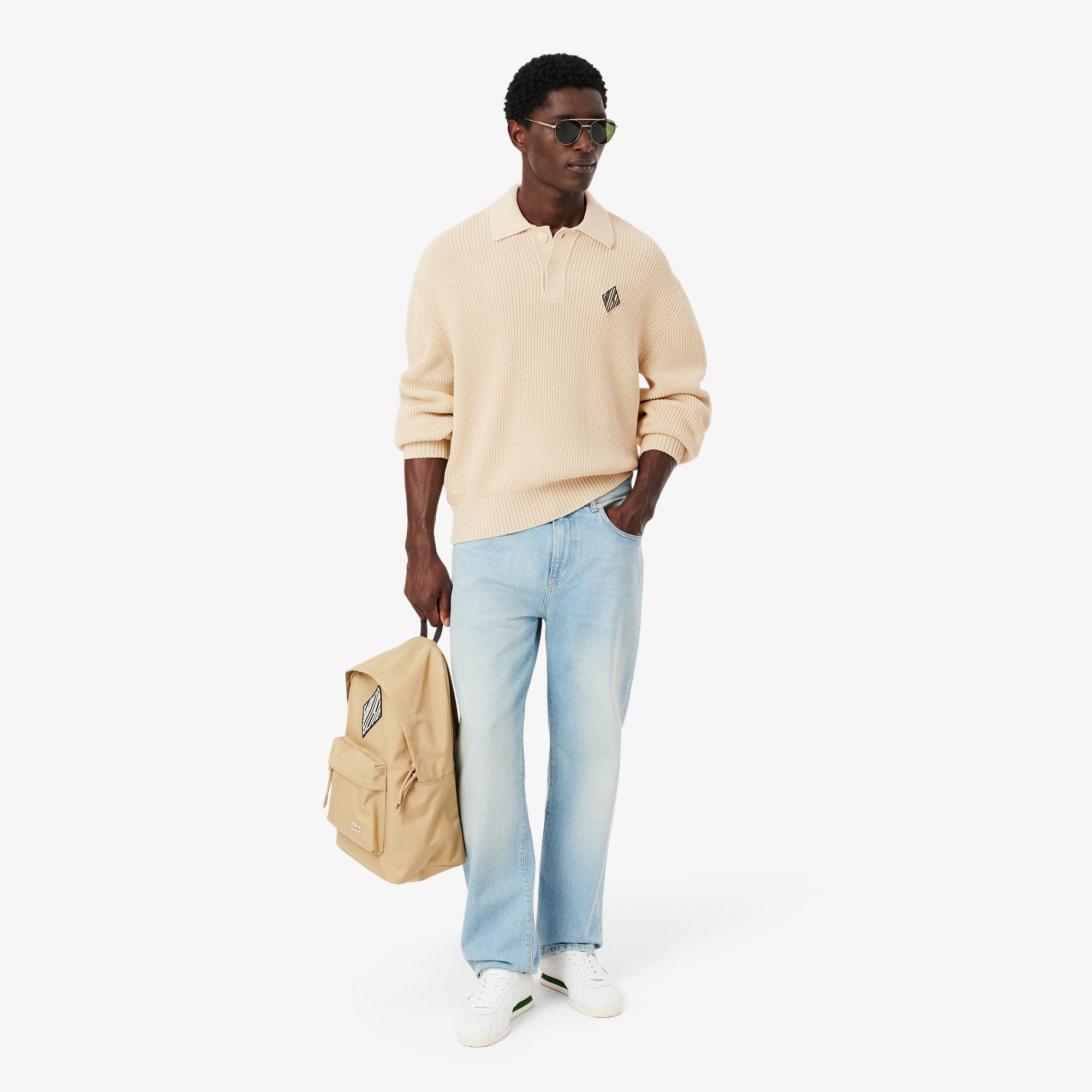 Badge Accent Pearl Rib Polo Collar Sweater - Lemon Beige