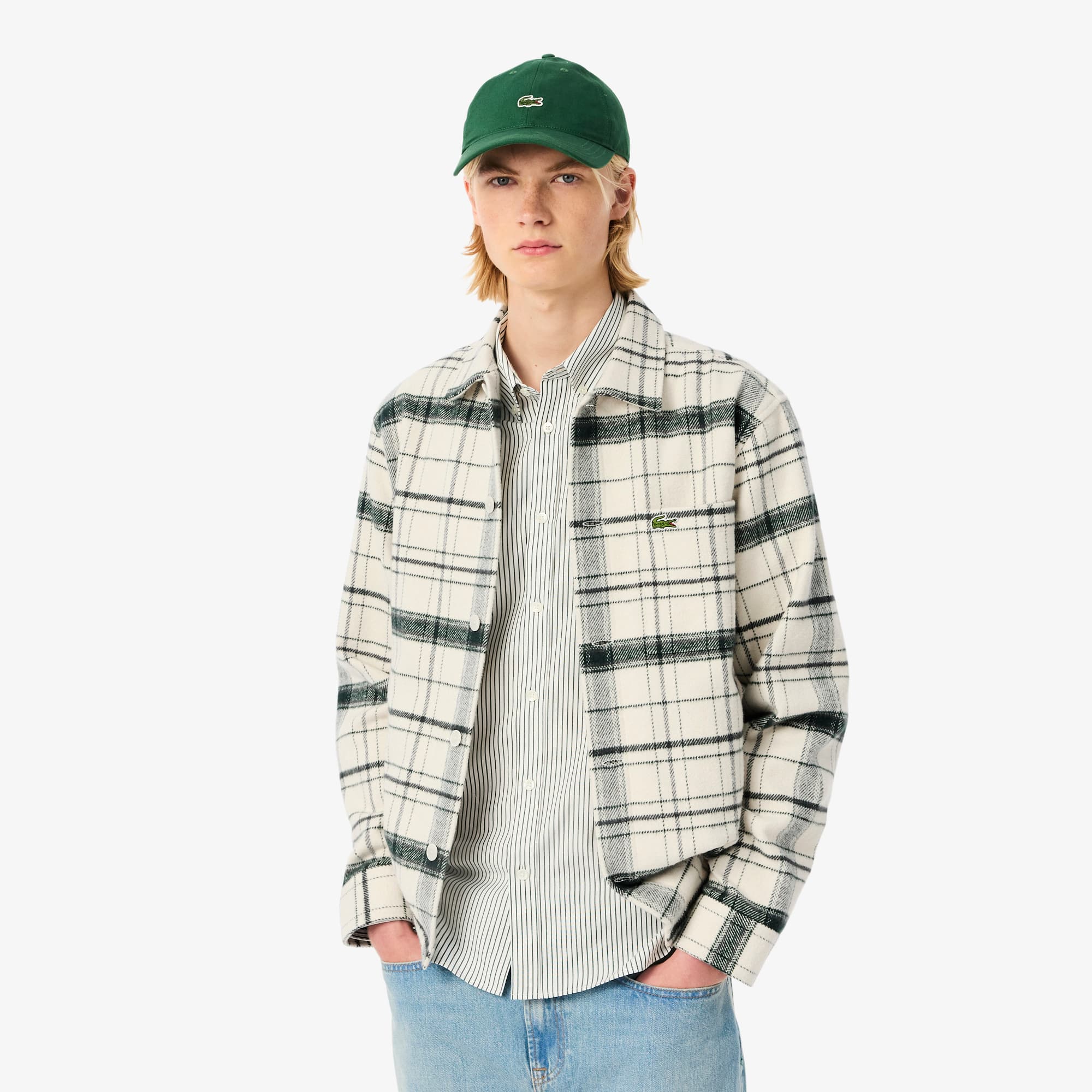 Men's Cotton Plaid Overshirt - White / Green / Grey Chine