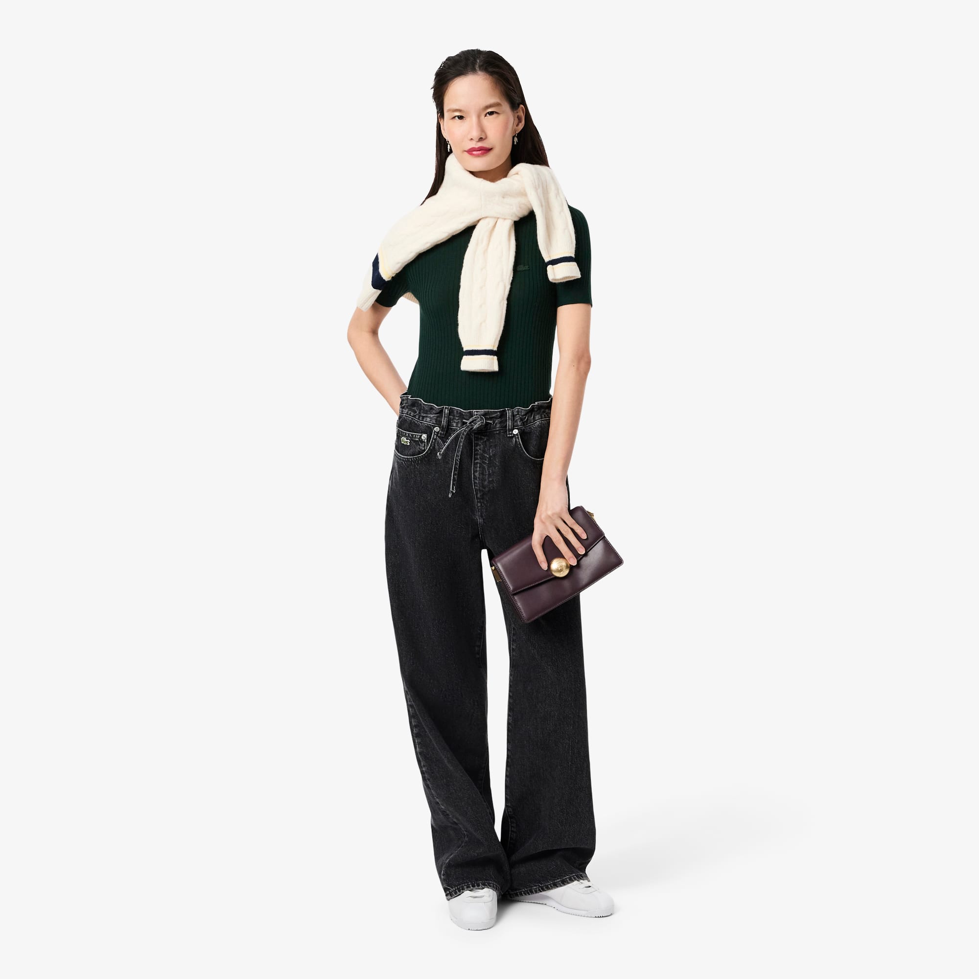 Women's Short Sleeve Merino Wool Rib Knit Sweater - Forest green