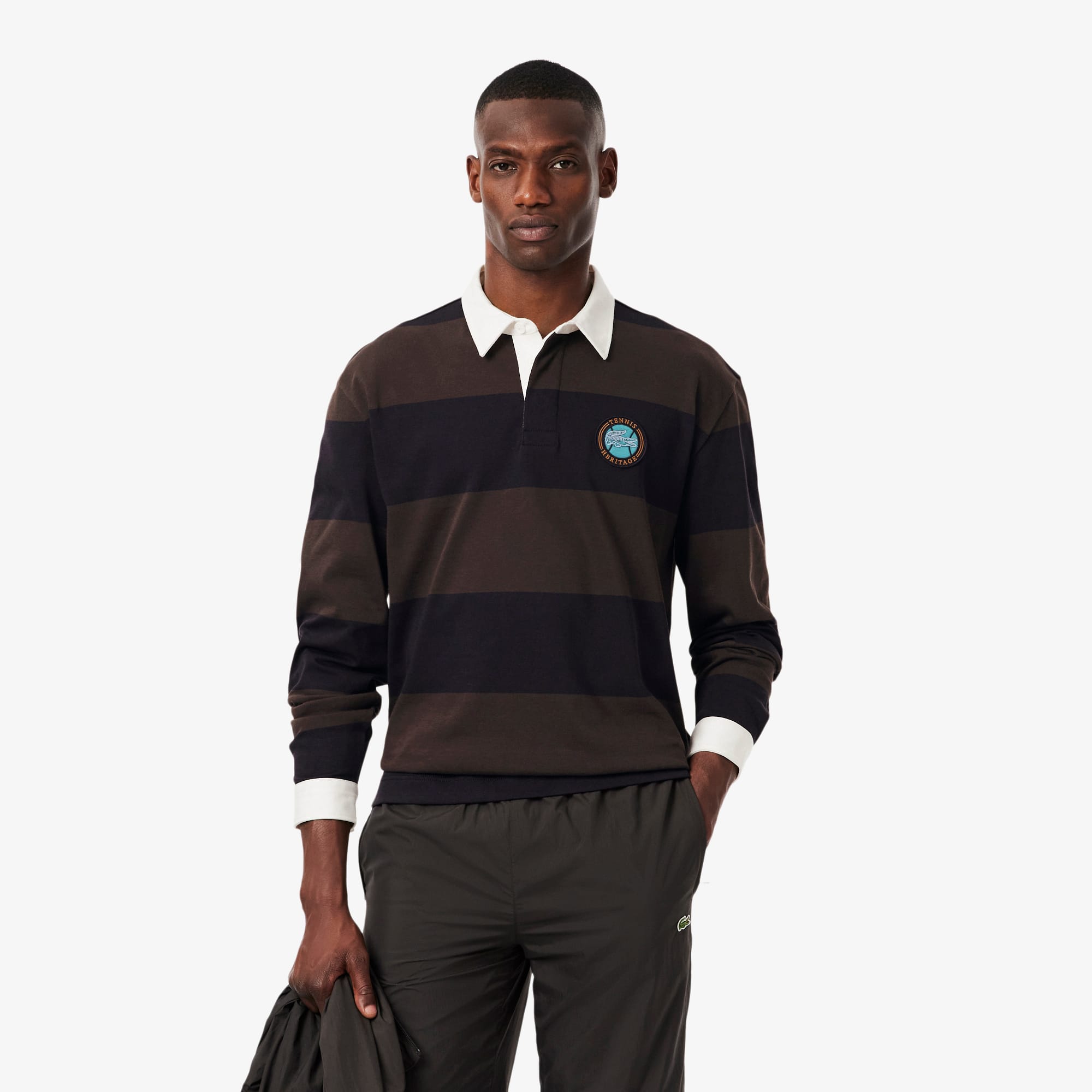 Men's Relaxed Fit Striped Rugby Polo - Navy Blue / Brown