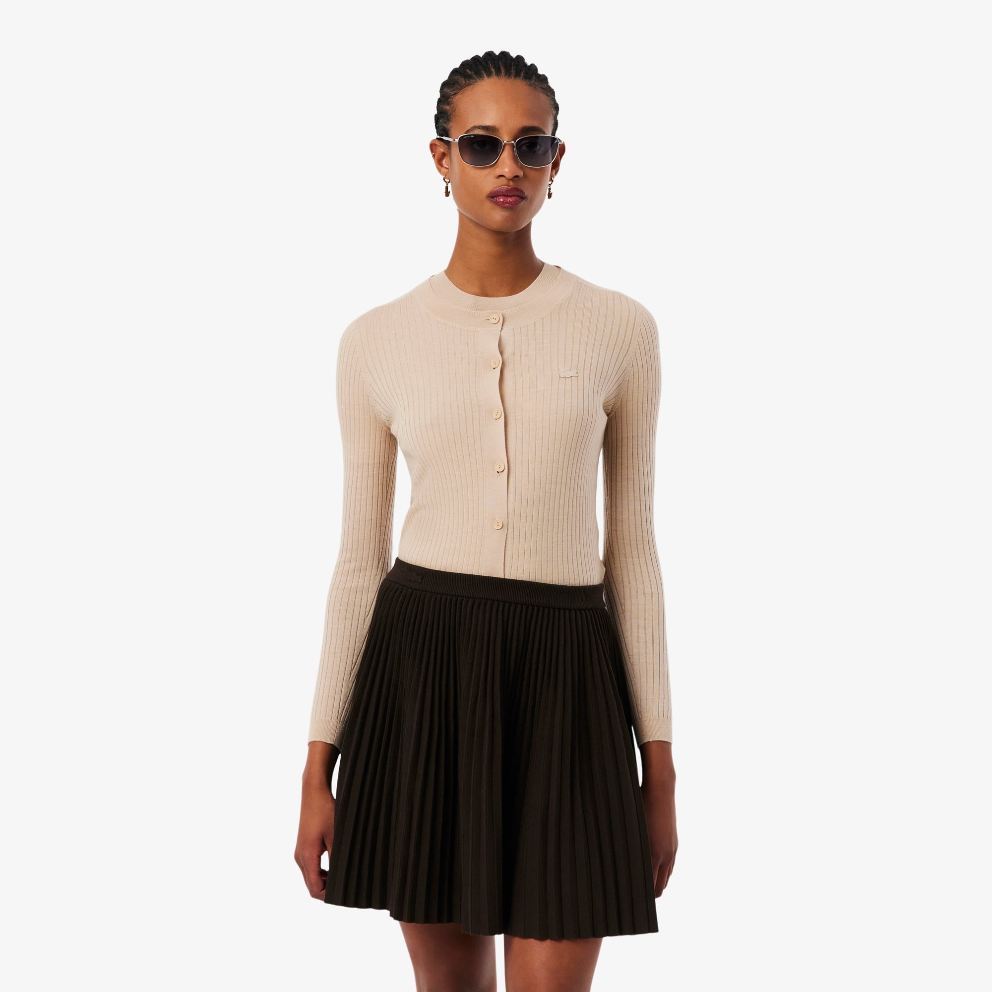 Women's Rib Knit Merino Wool Cardigan - Beige