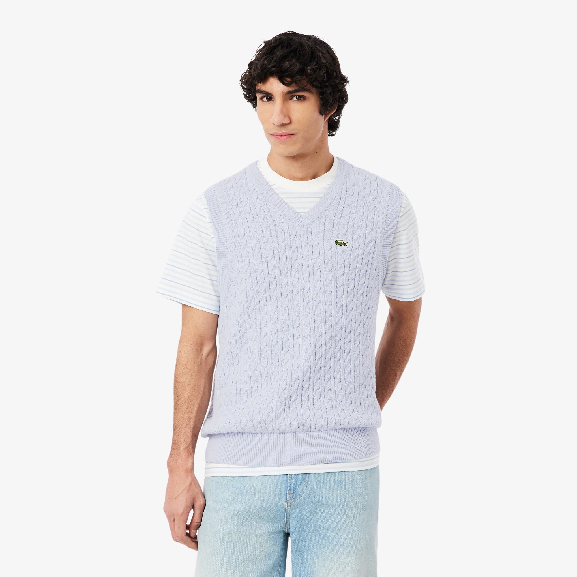 Men's Cable Knit Cotton Sweater Vest - Light Blue / White