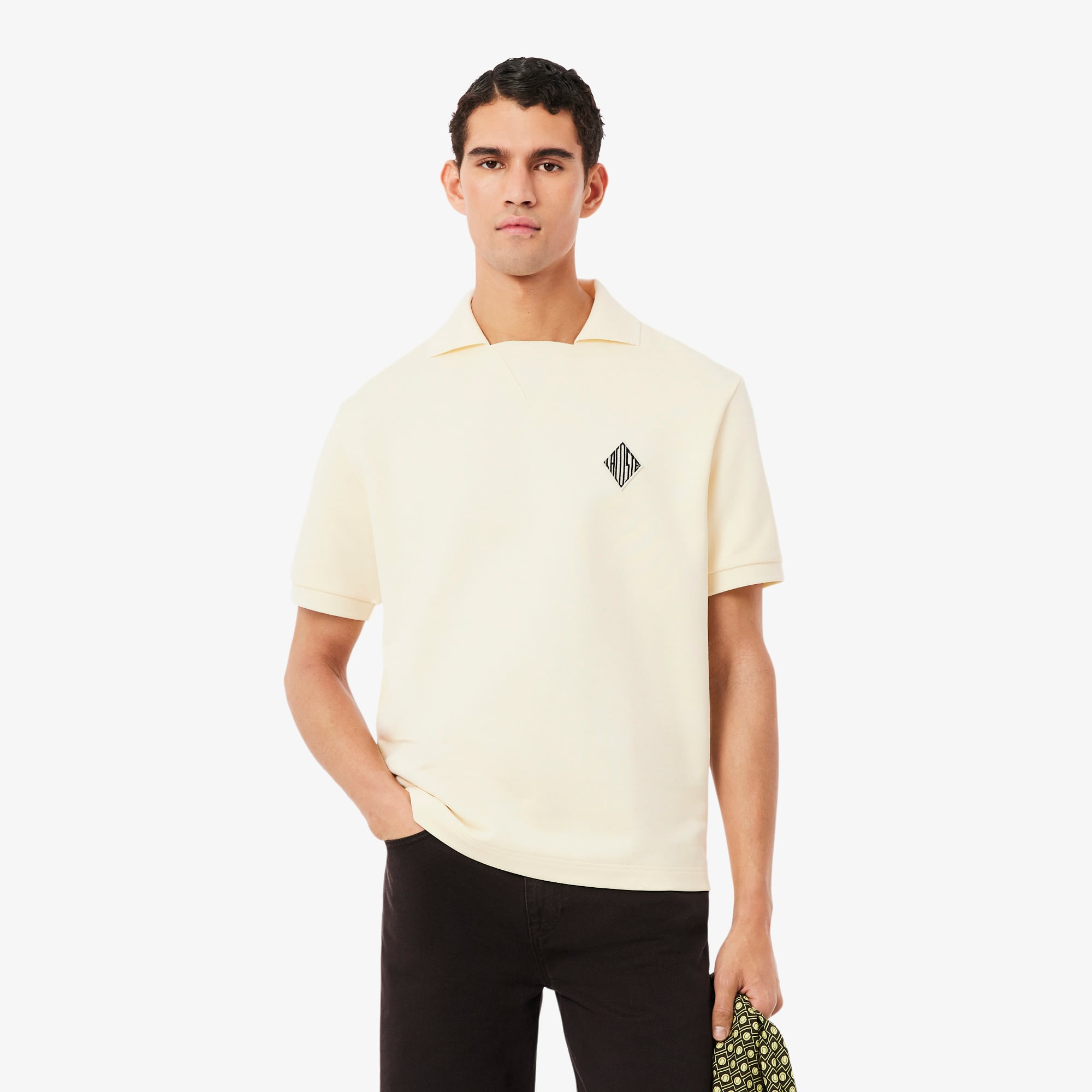 Loose Fit Badge Accent Fleece Polo - Lemon Beige