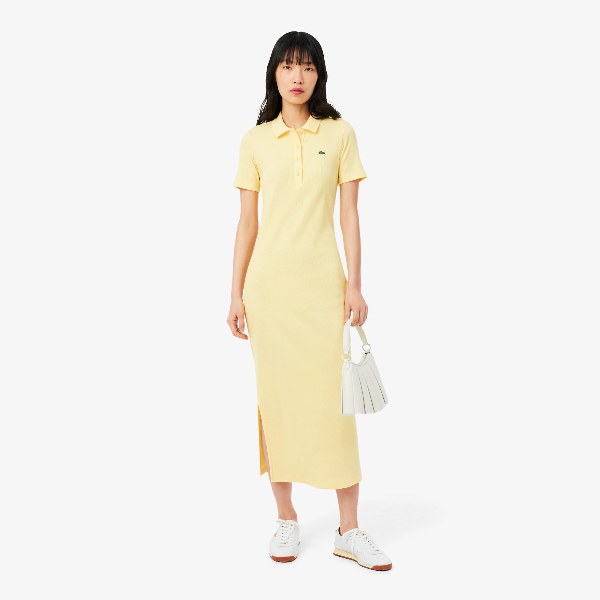 Women's Long Ribbed Cotton Polo Dress - Pastel yellow