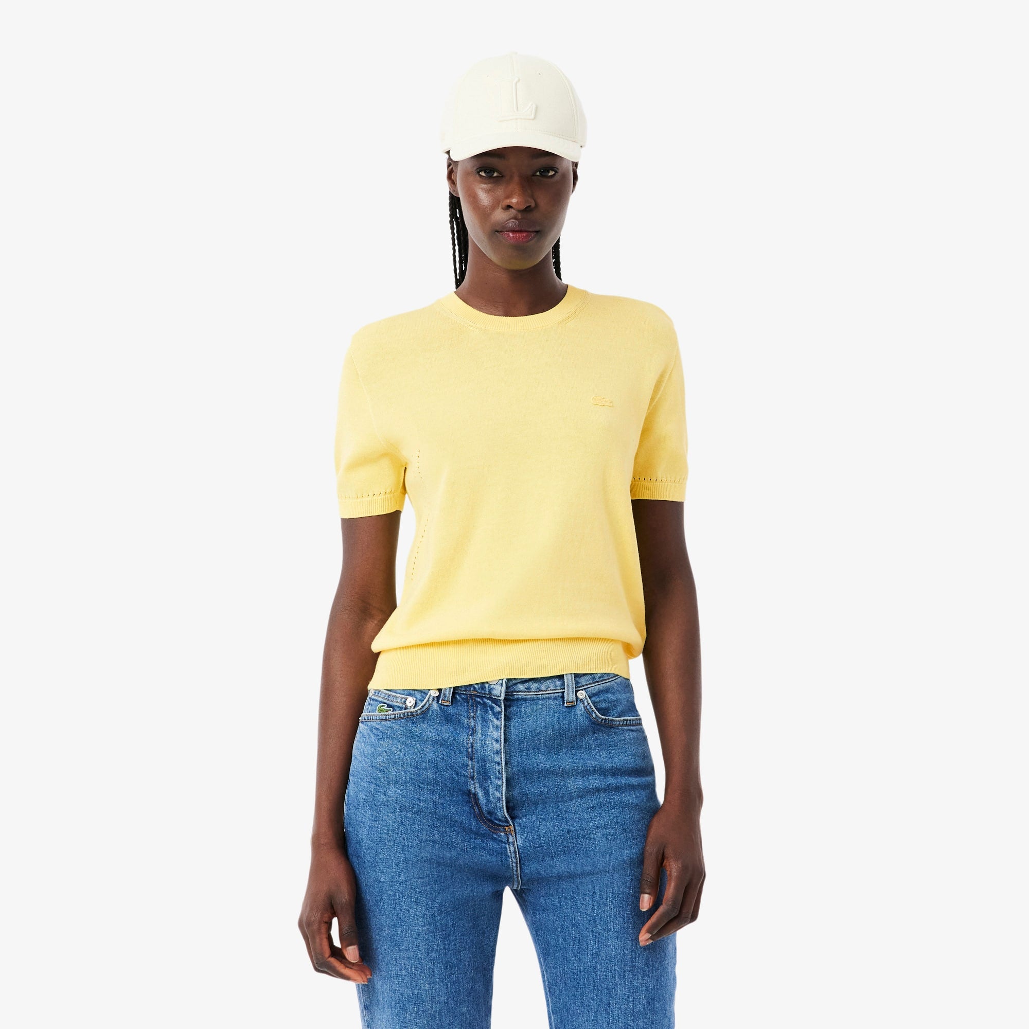 Short Sleeved 3D Knit Sweater - Pastel yellow