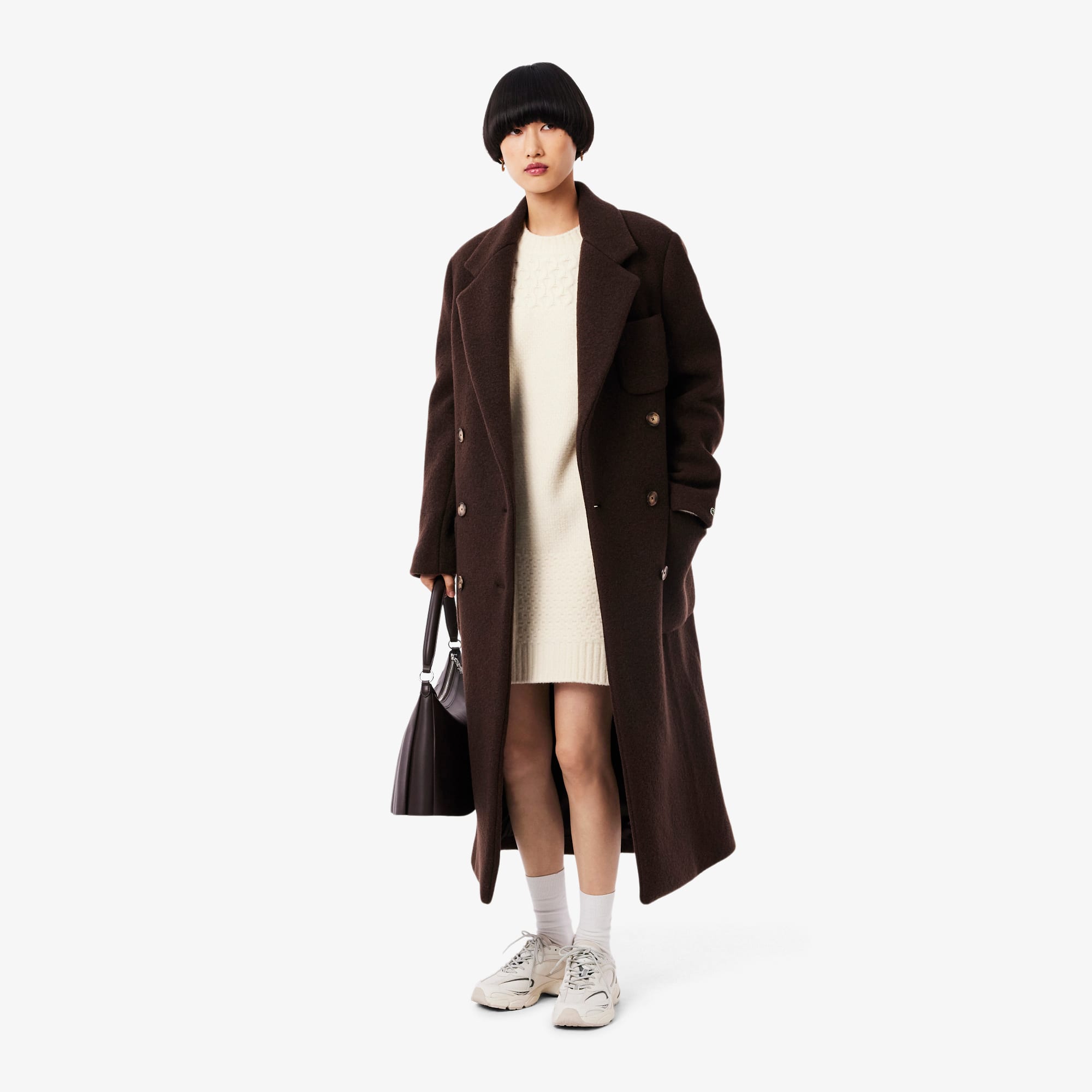 Women's Patchwork Effect Wool Sweater Dress - Cream