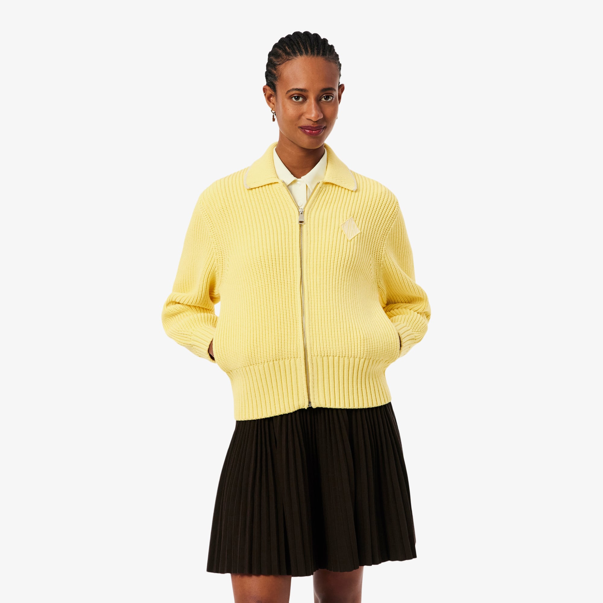 Zipped Cotton Badge Accent Sweater - Pastel yellow