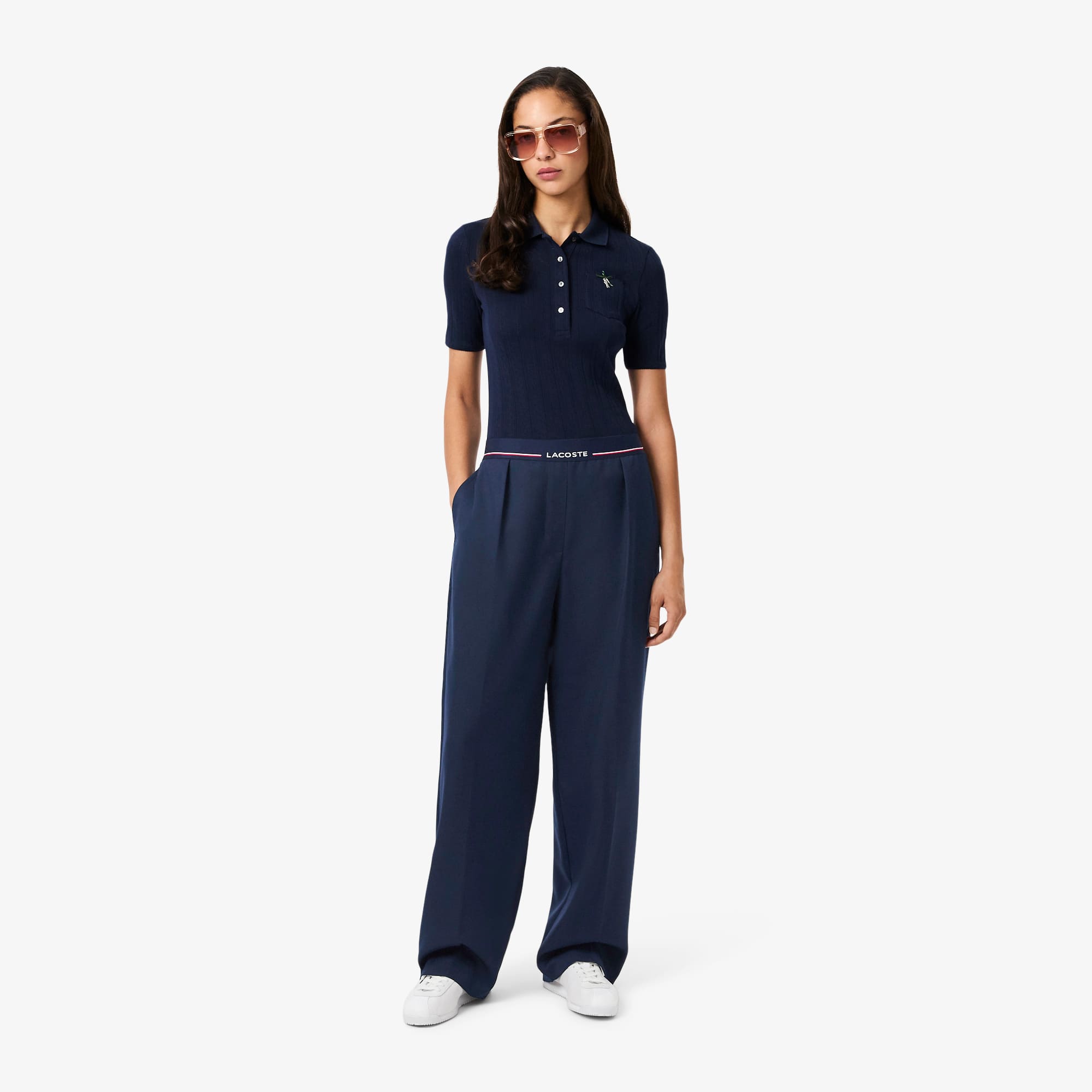 Women's Oversized Wool Blend Pleated Pants - Navy Blue
