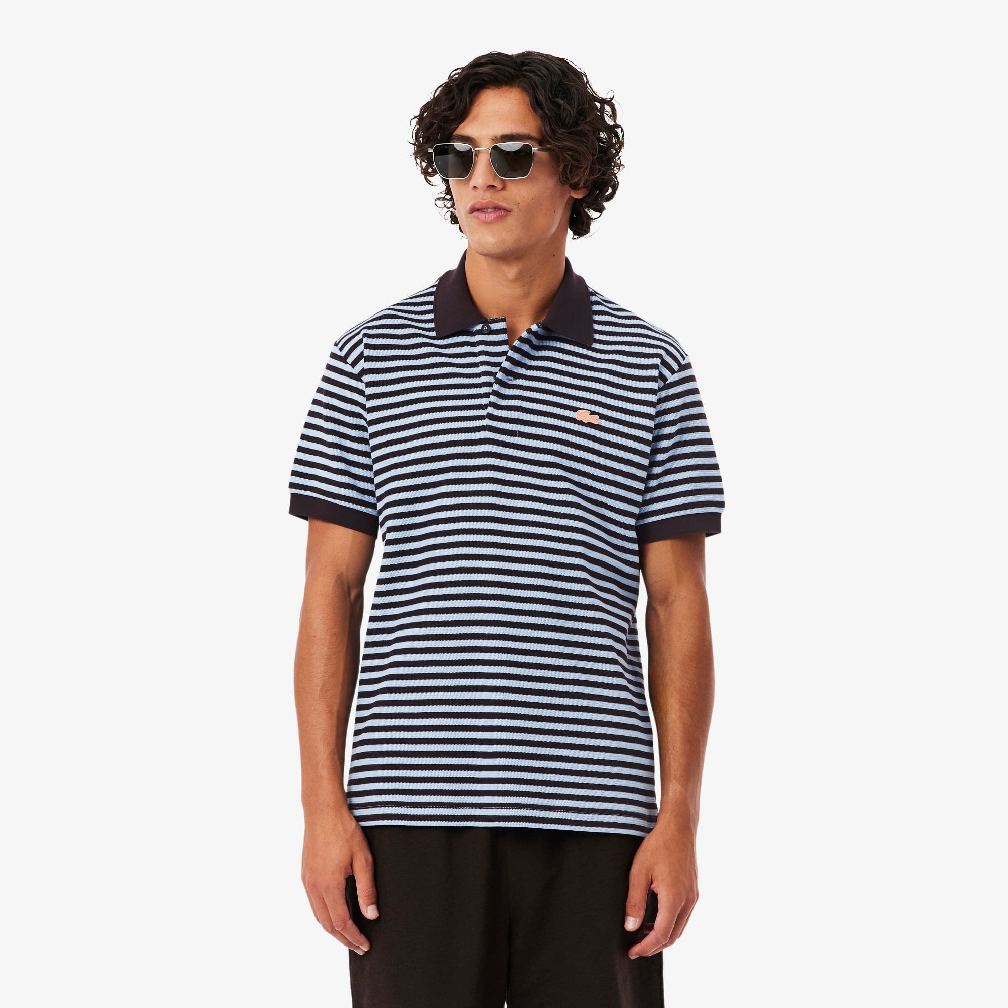 Classic Fit Textured Striped Polo - Bleu Clair / Marron