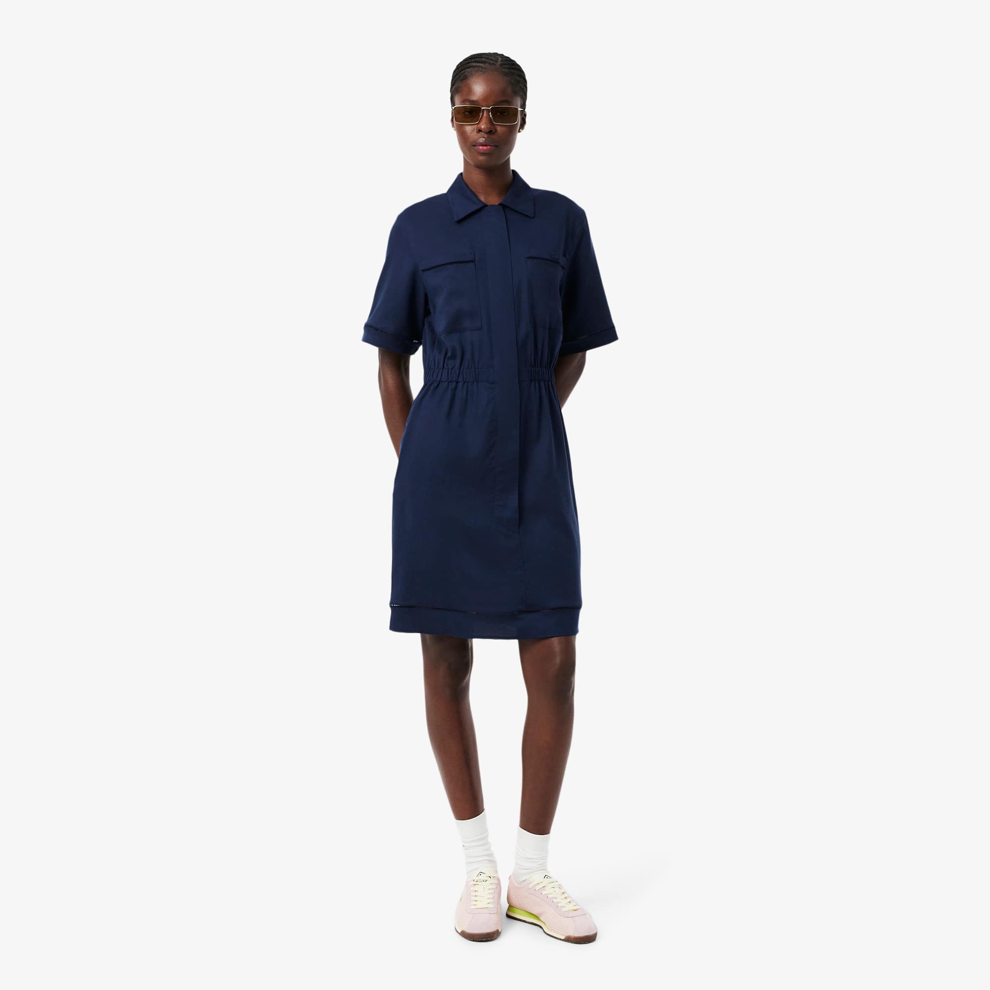 Fluid Linen Blend Shirt Dress - Navy Blue