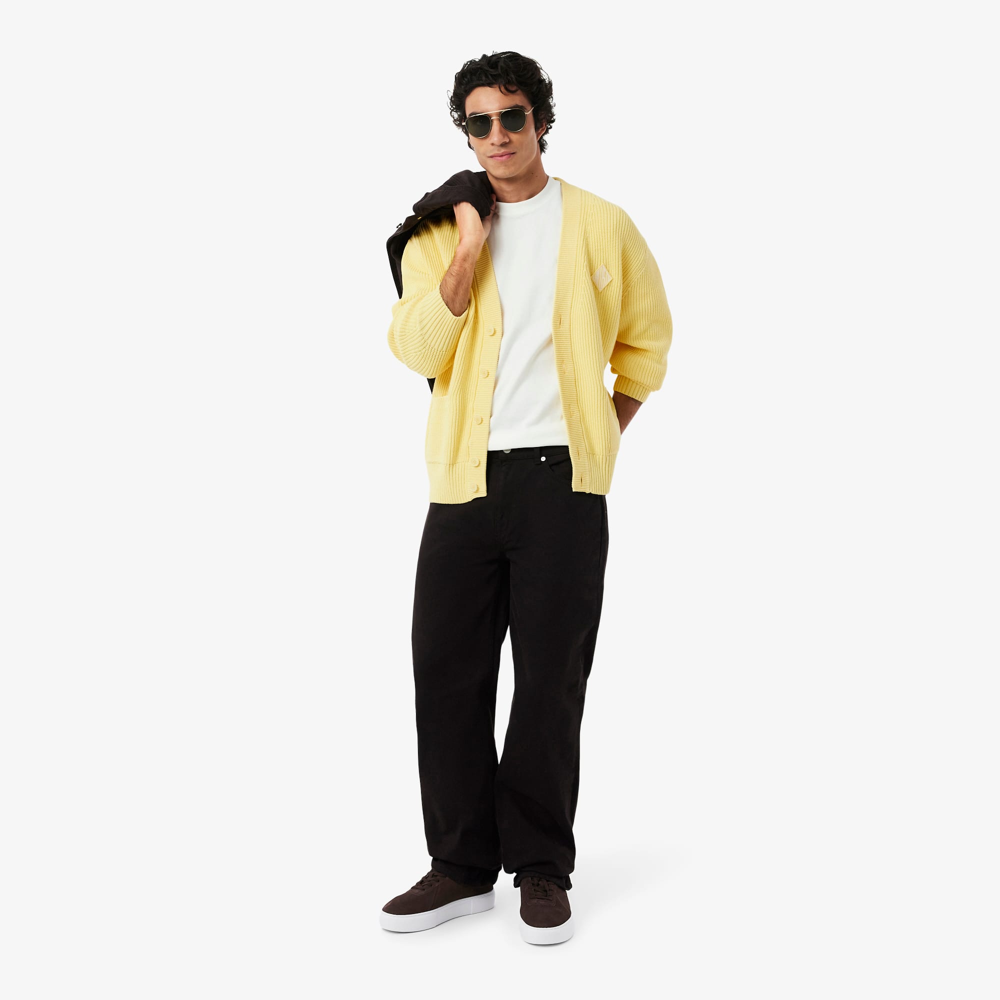 Relaxed Fit Ribbed Cotton Cardigan - Pastel yellow