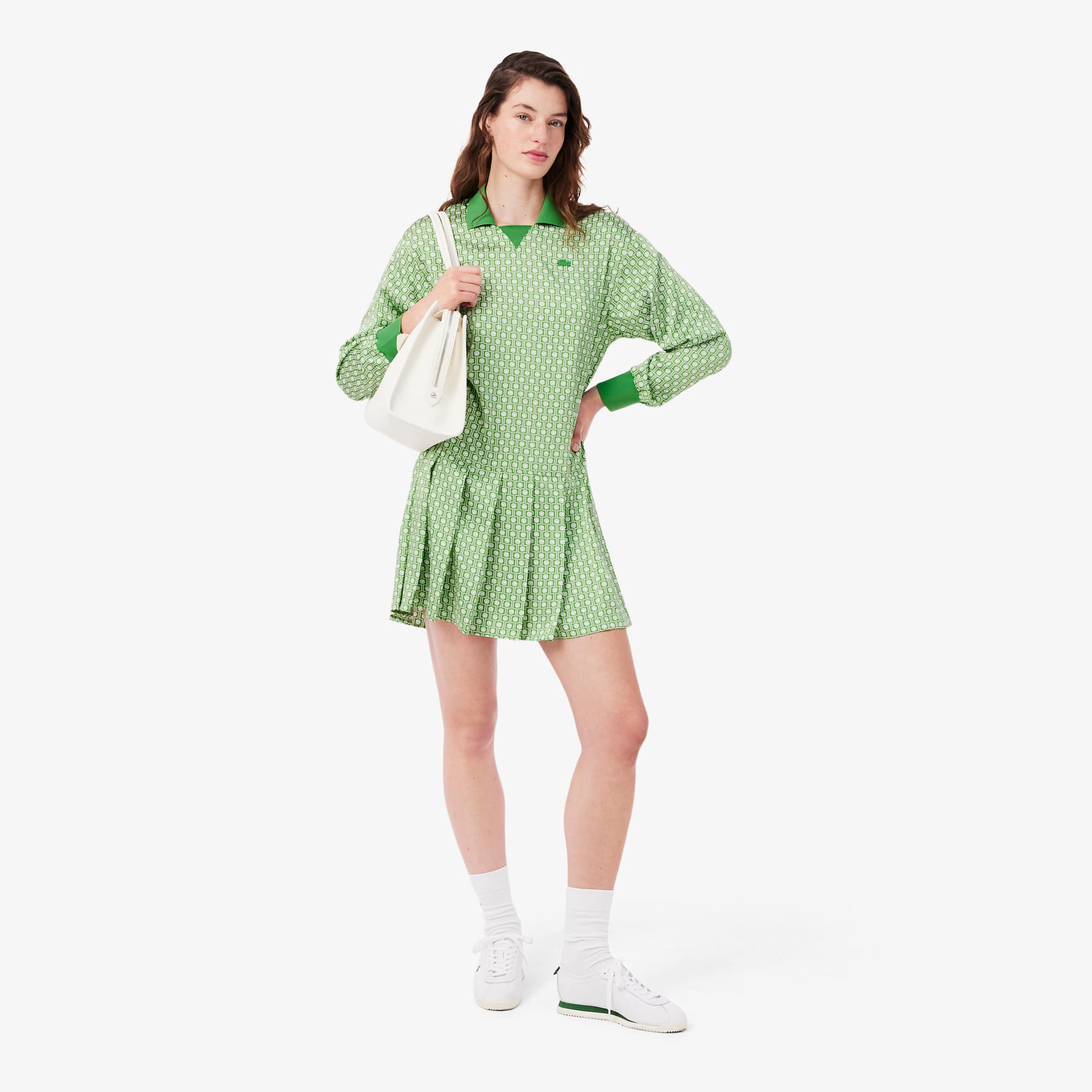 Pleated Satin Polo Dress - Vert / Blanc