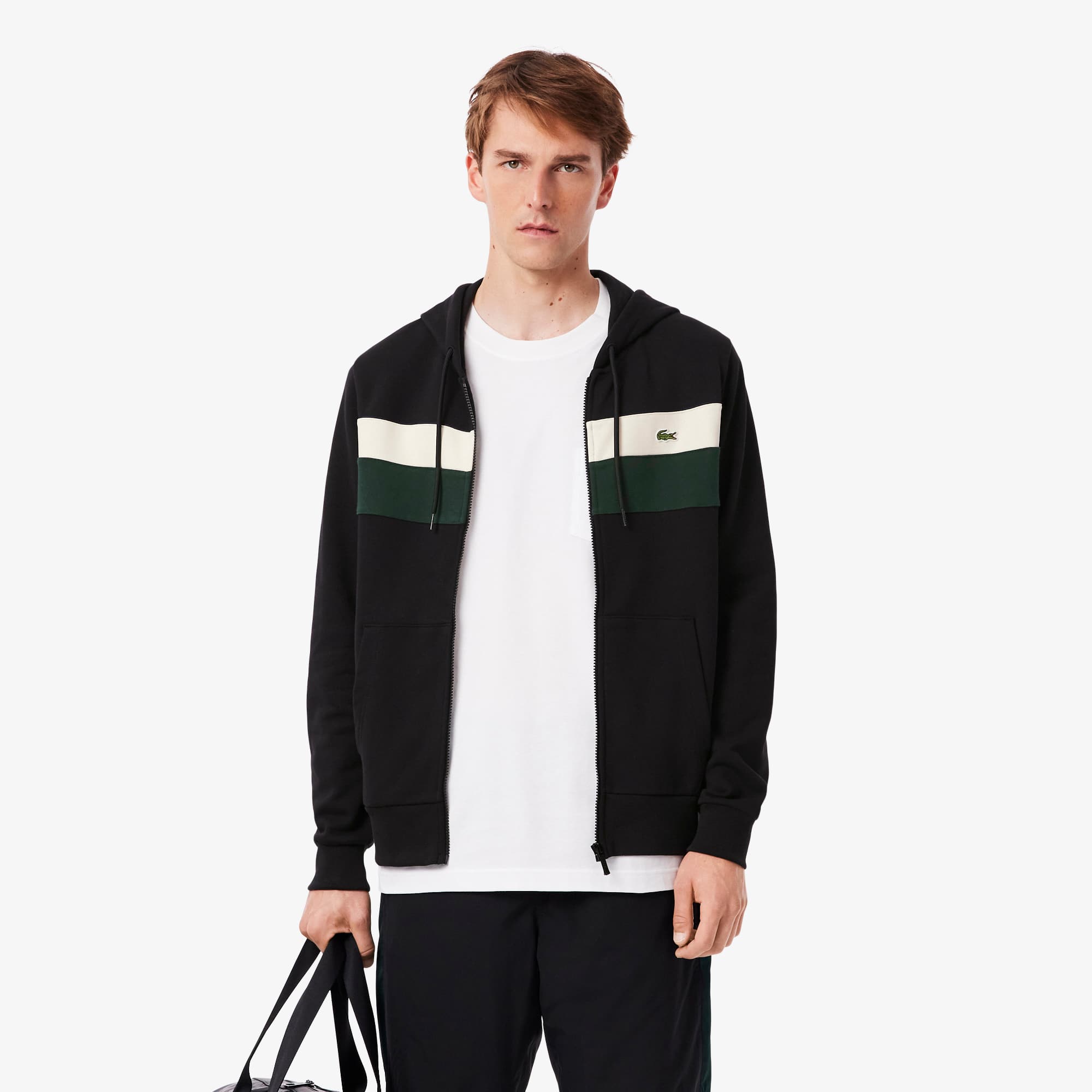 Men's Zip-Up Colorblock Hoodie - Black / White / Green
