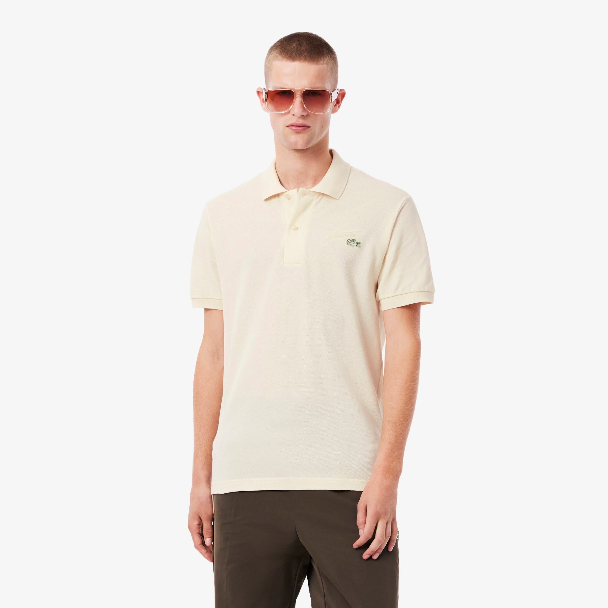 Men's Classic Fit Embroidery Detail Piqué Polo - Cream