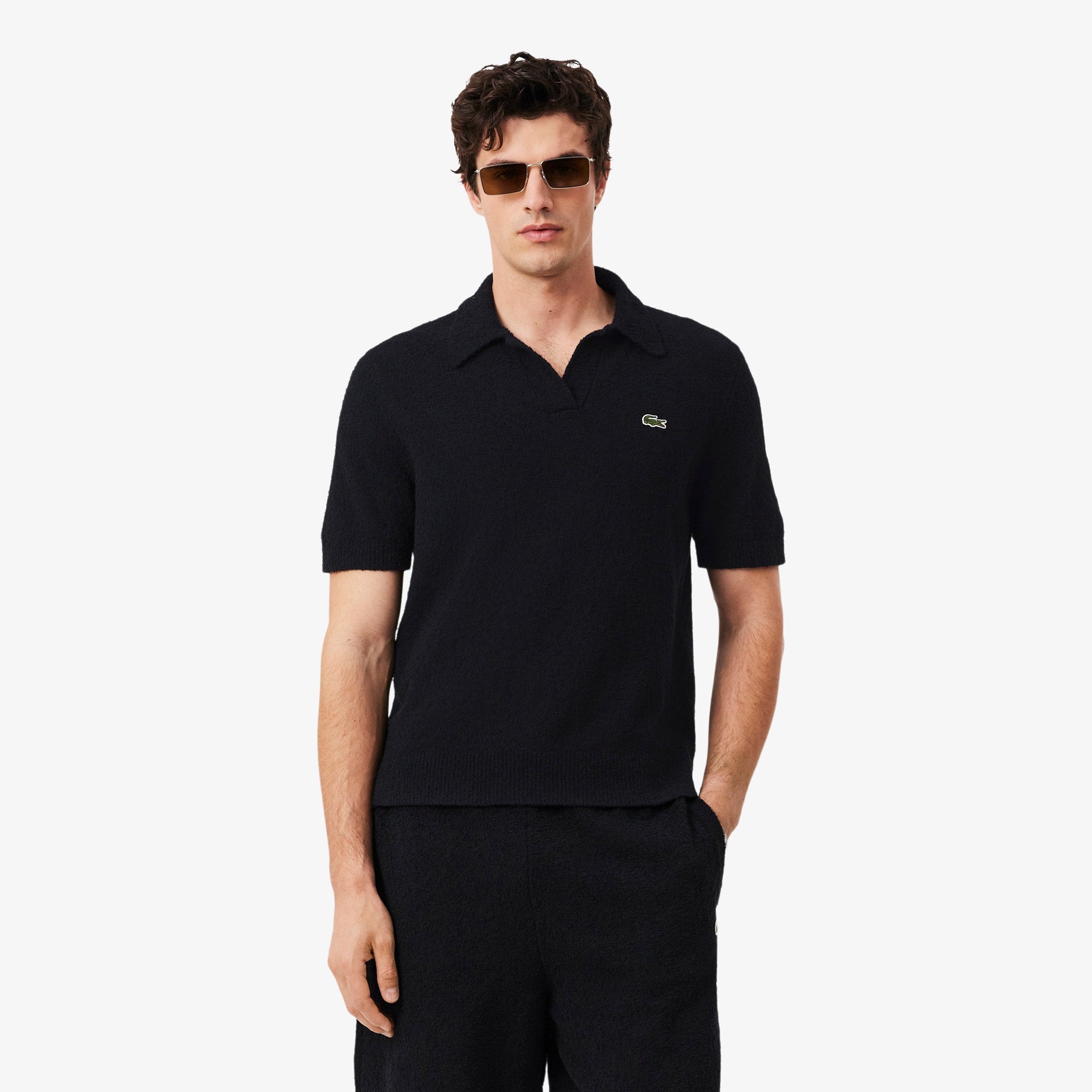 Classic Fit Bouclé Knit Polo - Black