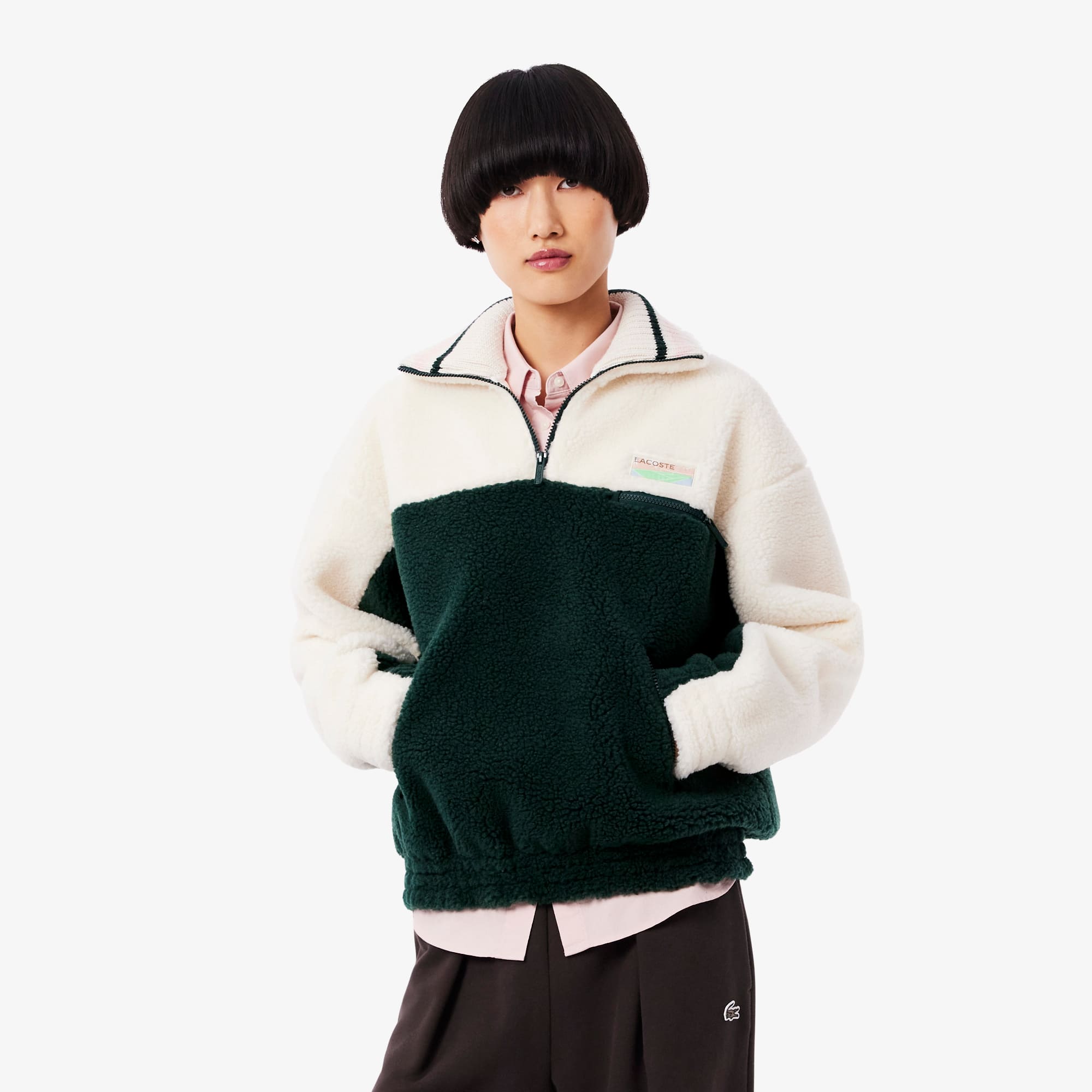 Women's High-Neck Oversized Fleece Sweatshirt - Green / White