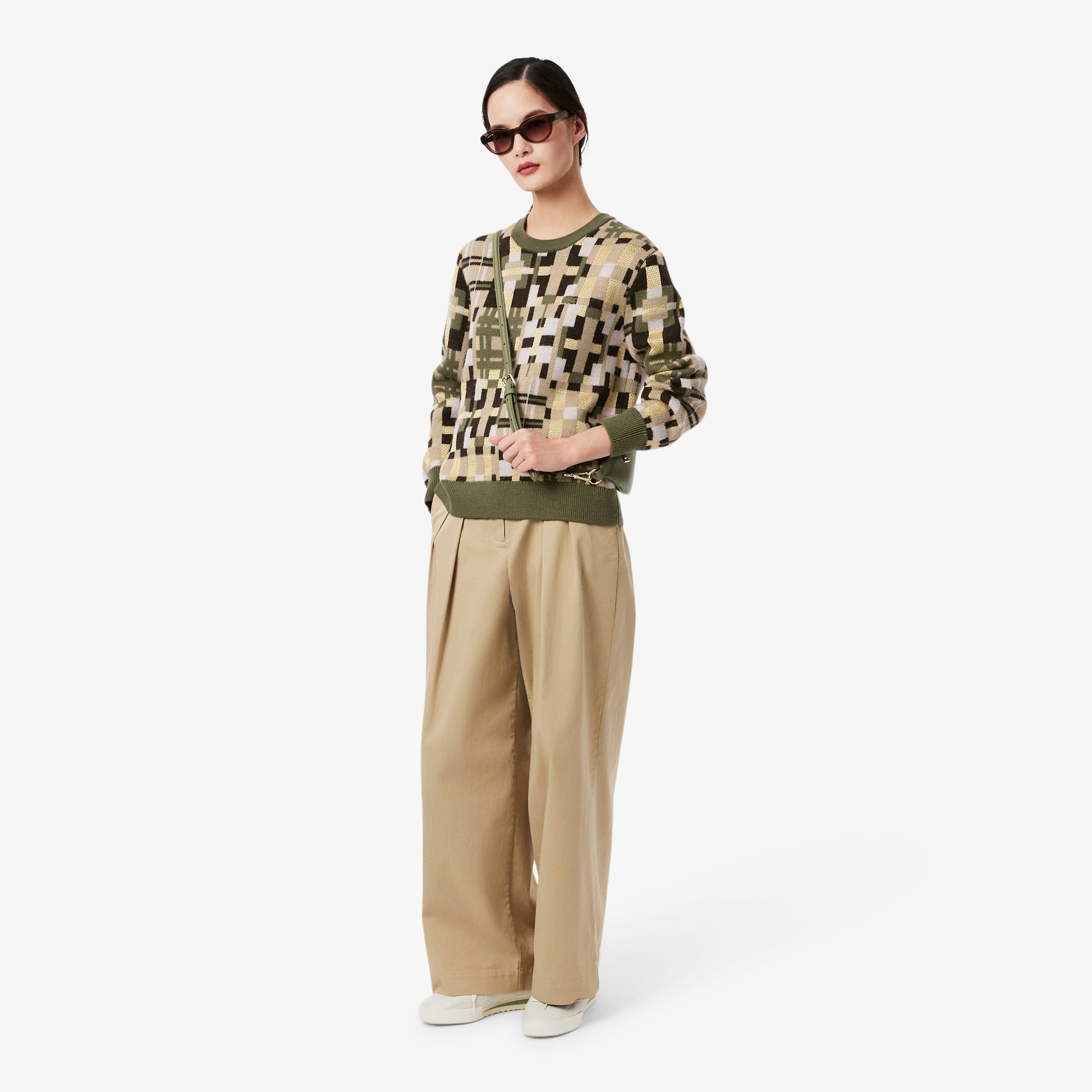 Women's Crew Neck Wool Graphic Sweater - Khaki Green / Beige / Light Pink / Brown / Yellow
