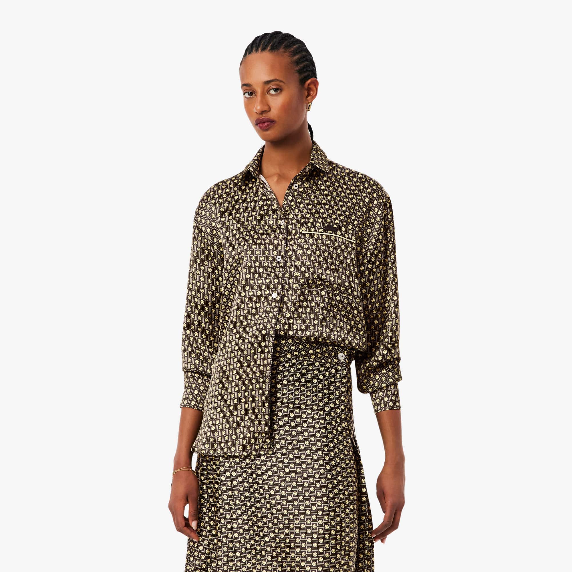 Oversized Printed Satin Shirt - Marron / Jaune