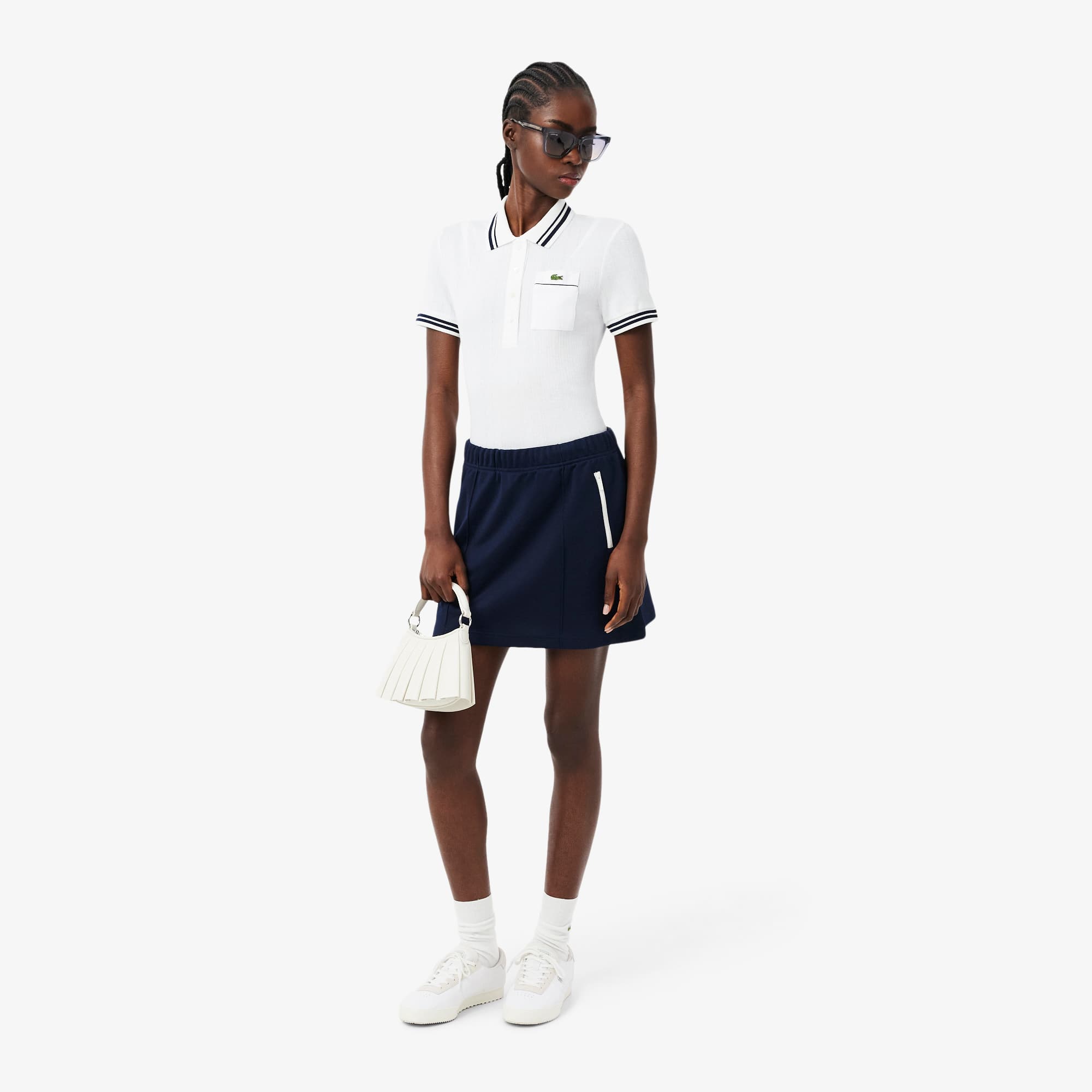 Slim Fit French Made Ribbed Polo - White / Navy Blue