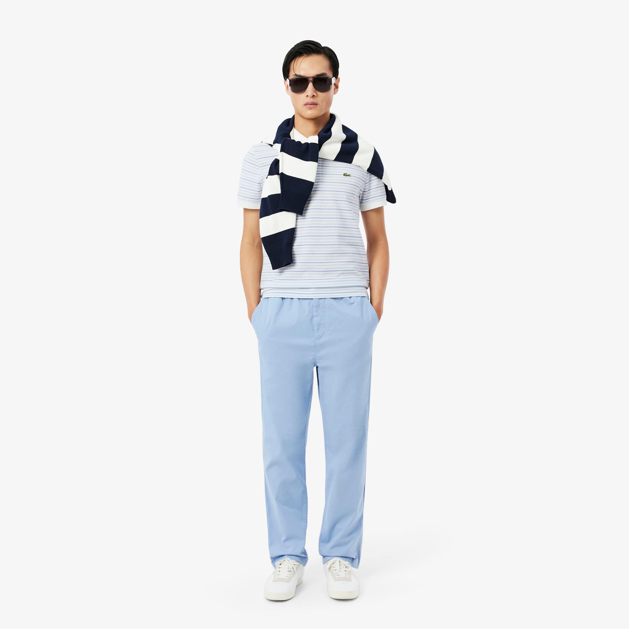 Classic Fit Striped Petit Piqué Polo - Light Blue / White
